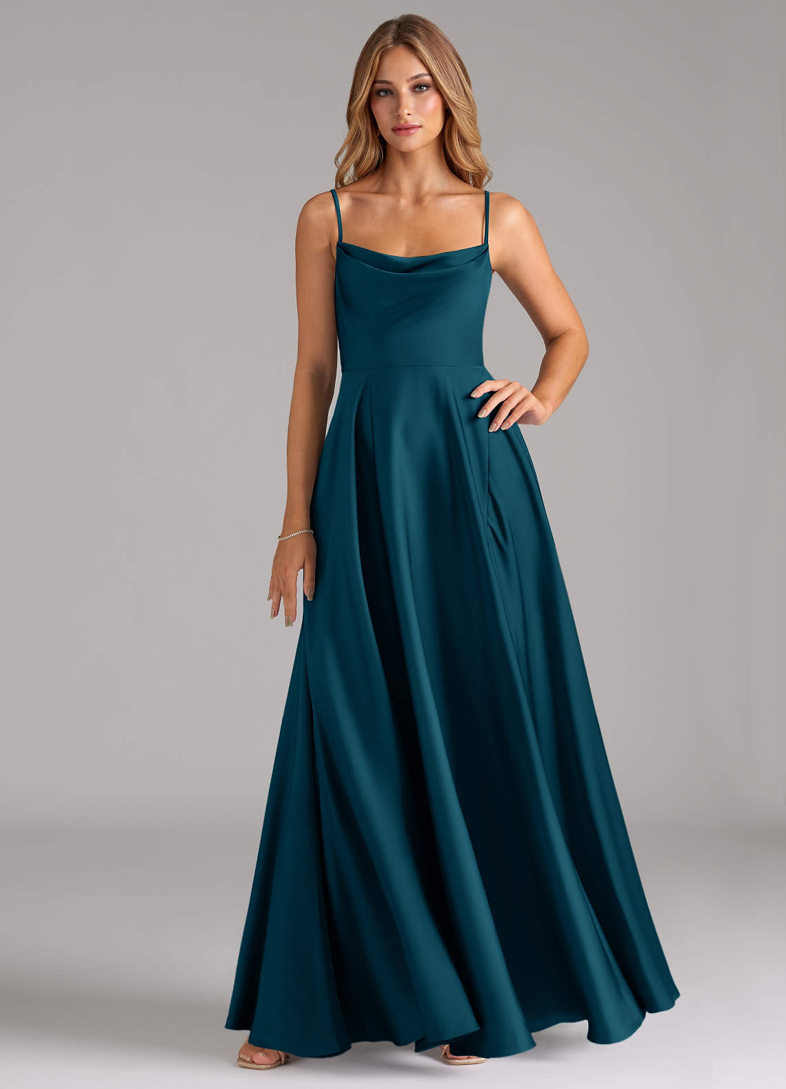 Azazie Elle Bridesmaid Dresses Ink Blue A-Line Pleated Stretch Satin Dress image1
