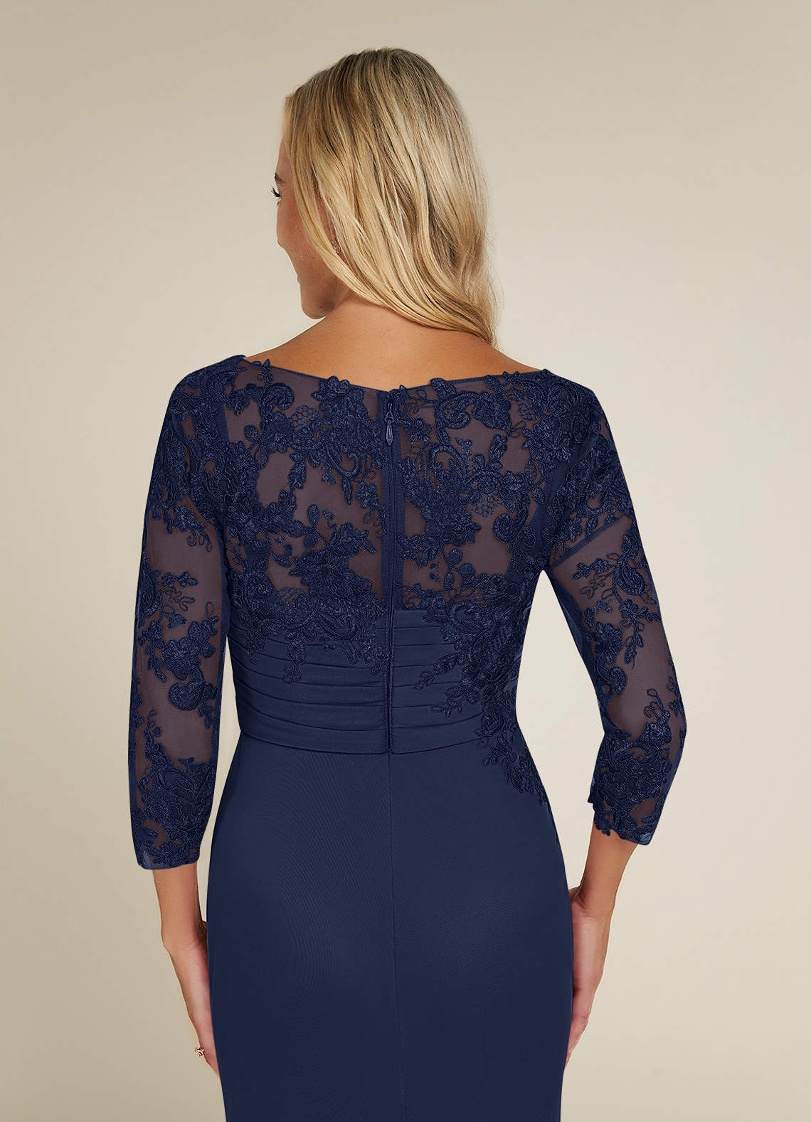 navy blue lace sheath dress Azazie Peggy