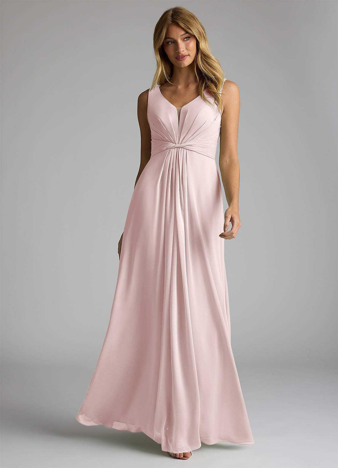 Azazie Gina Bridesmaid Dresses Blushing Pink A-Line V-Neck Pleated Chiffon Dress image1