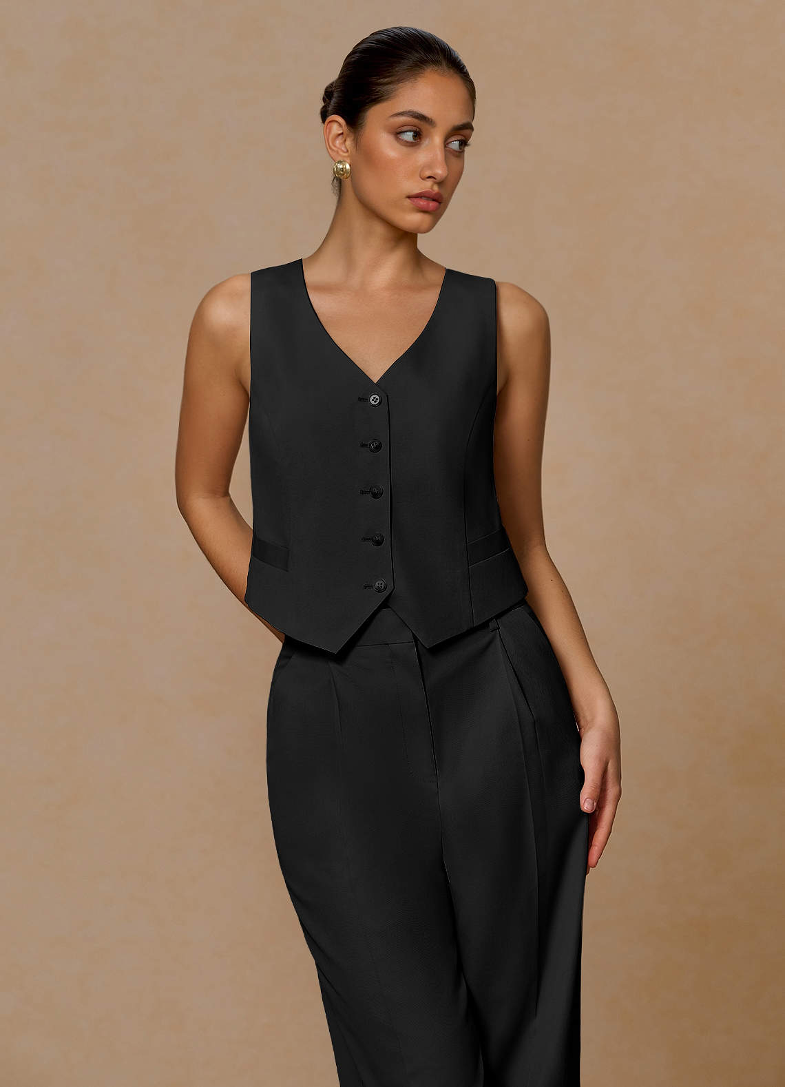 front Margaret Black Cotton Linen Blend Vest