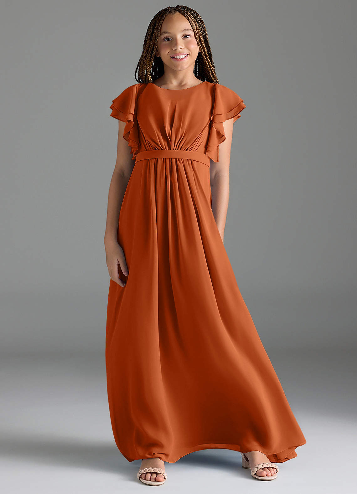 Azazie Daphne Junior Burnt Orange A-Line Pleated Chiffon Dress image1