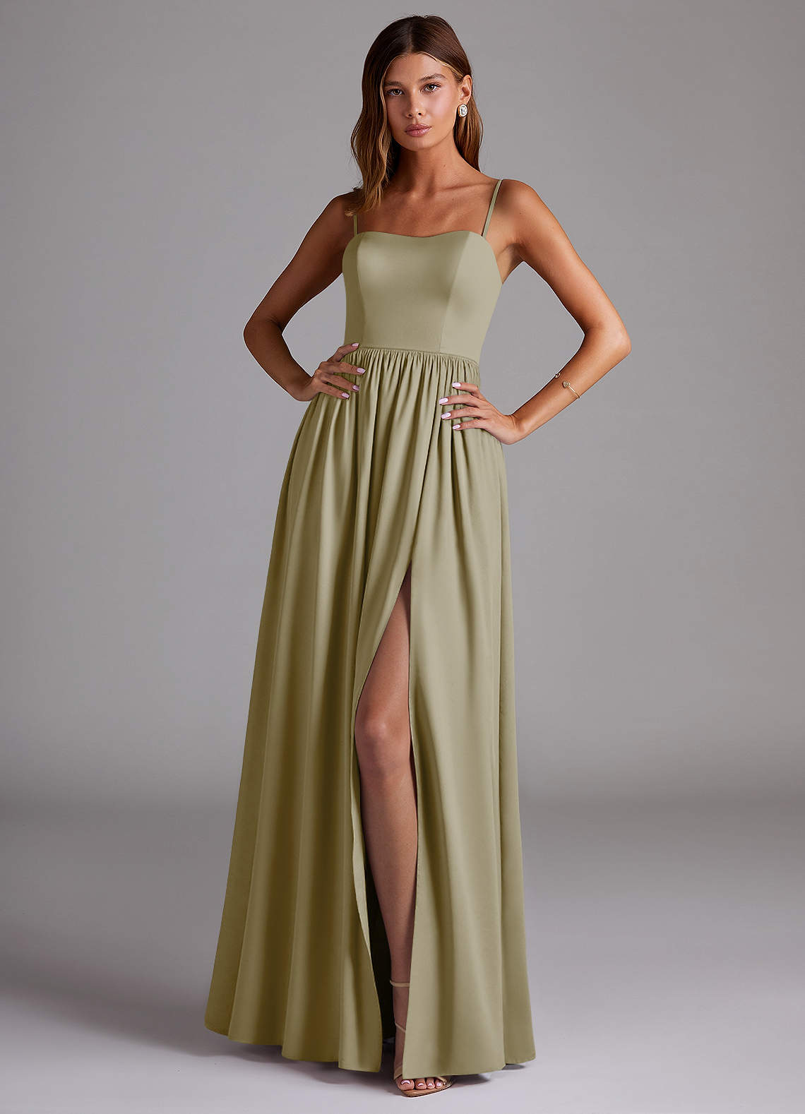 Azazie Calianna Brautjungfernkleider Wandelbar A-Linie Schulterfrei Stretch-Satin Kleid Moosgrün image1