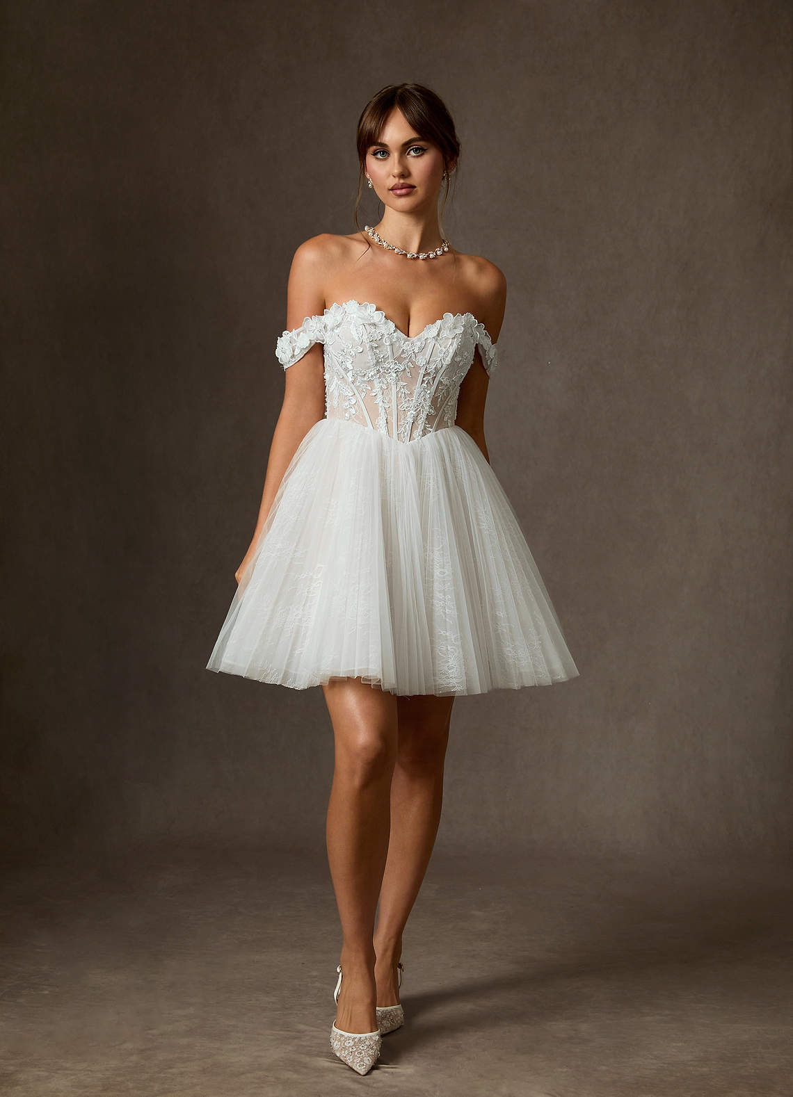 Azazie Sorel Wedding Dresses Diamond White Ball-Gown Off the Shoulder Lace Dress image1