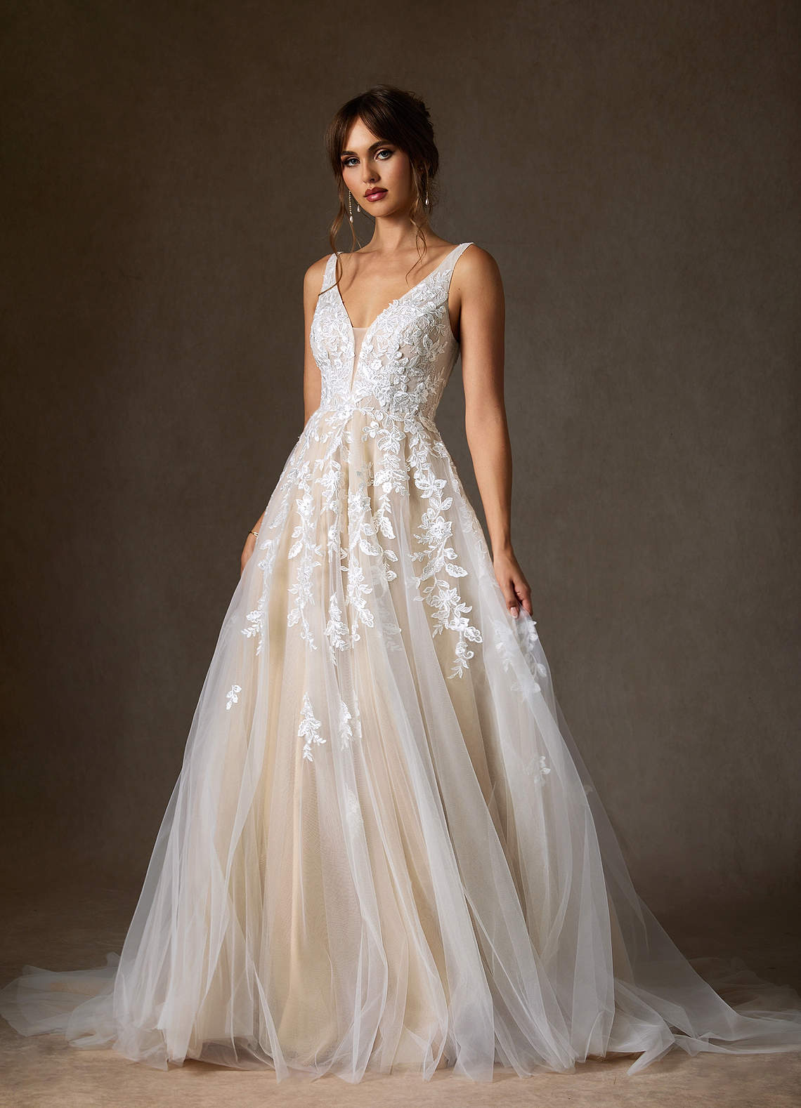 Azazie Sorella Wedding Dresses Diamond White Champagne A-Line V-Neck Sequins Tulle Dress image6