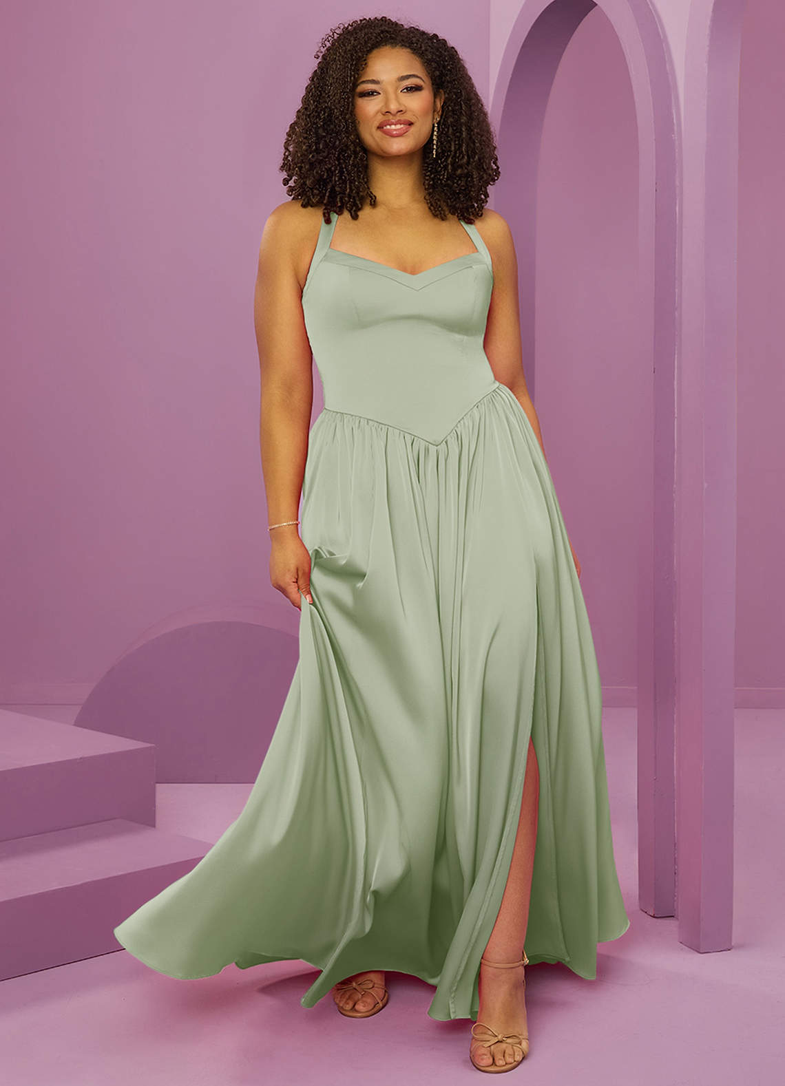 Barbie ♥ Azazie Bridesmaid Dresses Dusty Sage A-Line with Pockets Stretch Satin Dress image9