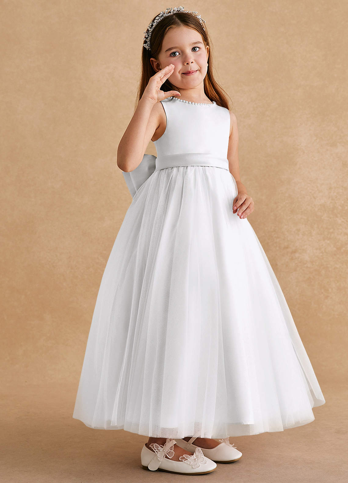 Azazie Cookie Flower Girl Dresses White A-Line Bow Tulle Dress image1