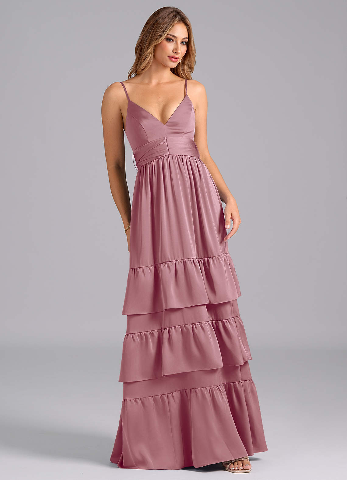 Azazie Nathalia Bridesmaid Dresses Vintage Mauve A-Line Pleated Stretch Satin Dress image1