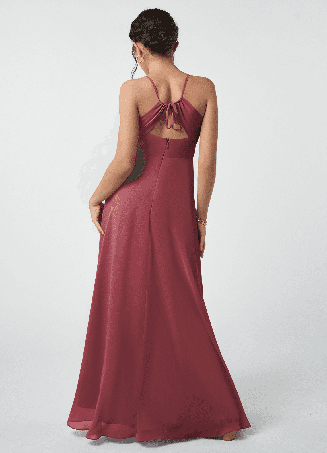 Azazie Avelina Junior Vestido Merlot de Chiffon de Linha A com Plissado image2
