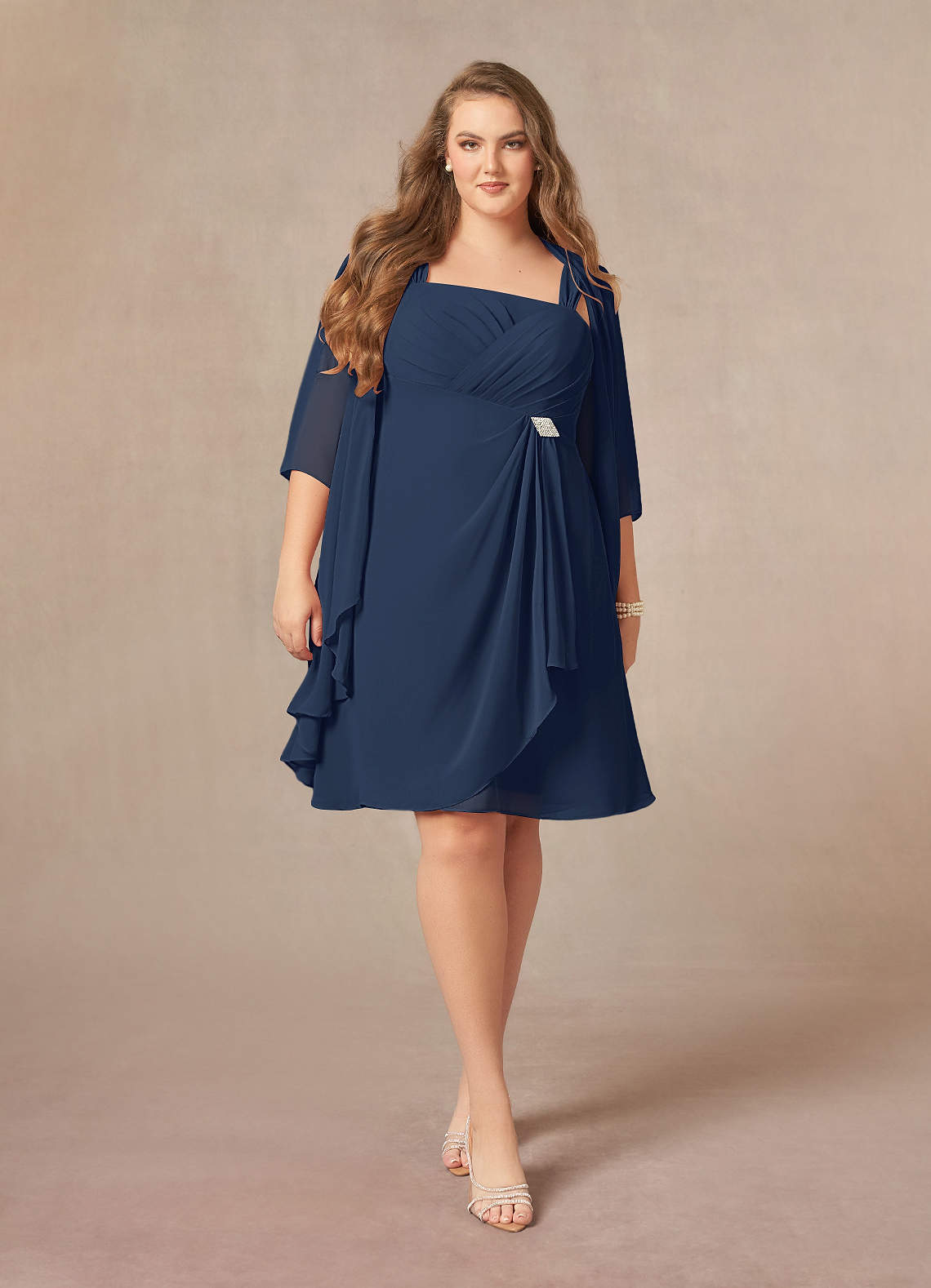 Azazie Olivia Mother of the Bride Dresses Dark Navy A-Line Square Neckline Pleated Chiffon Dress image1