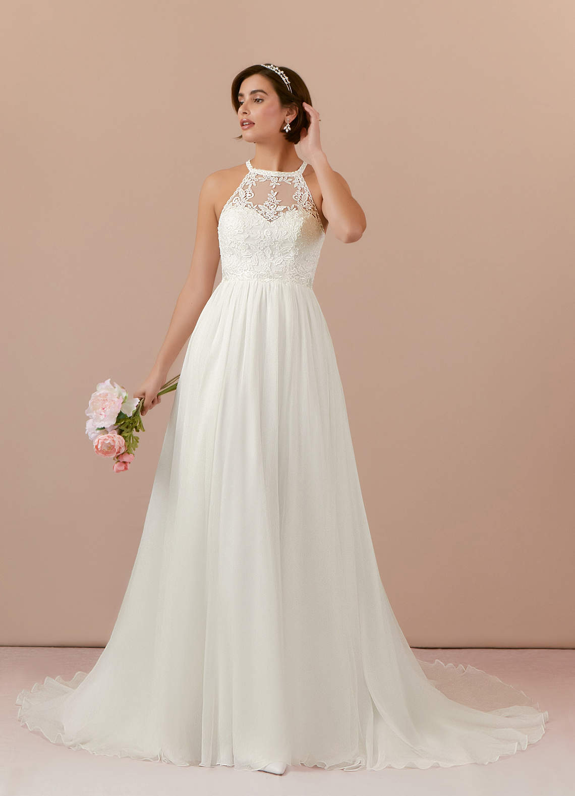 Azazie Annalise Wedding Dresses Cream A-Line Lace Crinkle Chiffon Dress image1