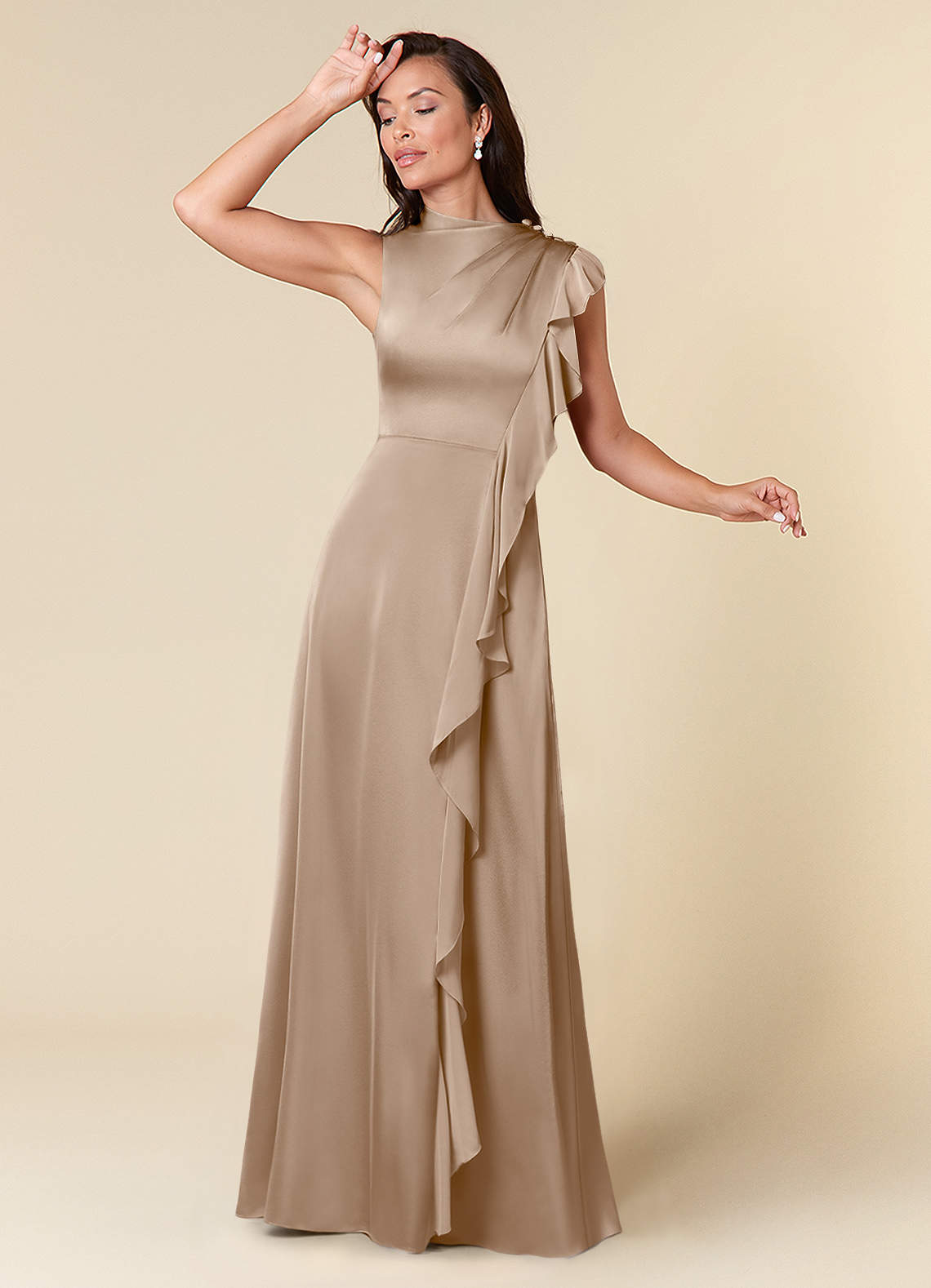 Azazie Narine Mother of the Bride Dresses Taupe A-Line High Neckline Pleated Stretch Satin Dress image1