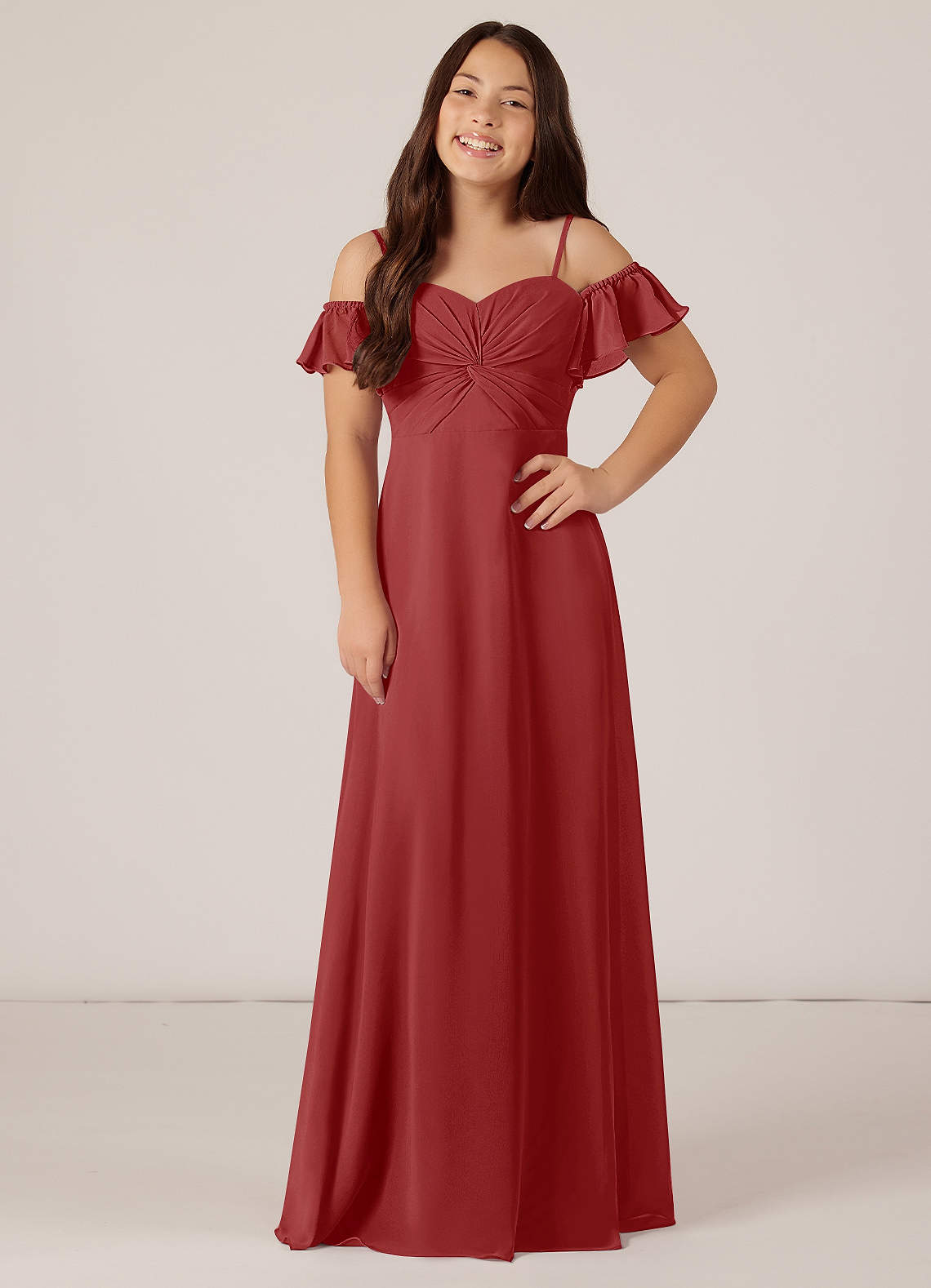 Azazie Juna Junior Robe Trapèze en Mousseline de soie Épaule décolletée Rouille image1