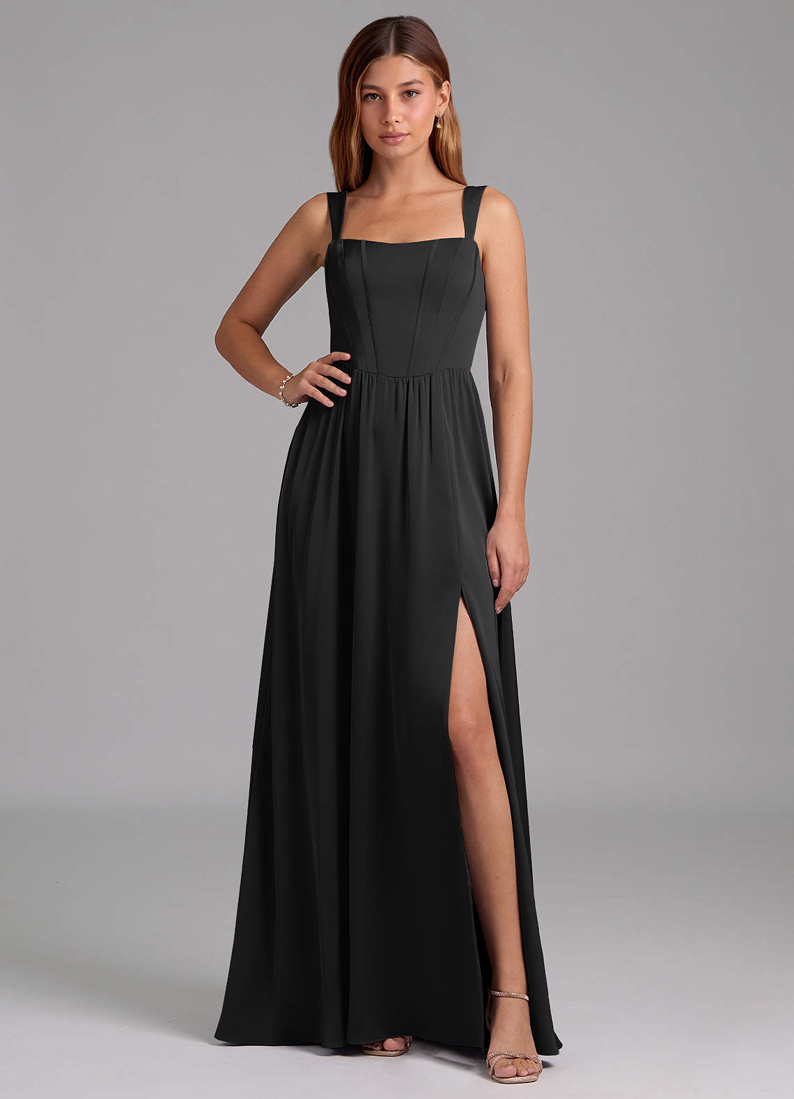 Azazie Rosaline Bridesmaid Dresses Black A-Line Side Slit Stretch Satin Dress image1