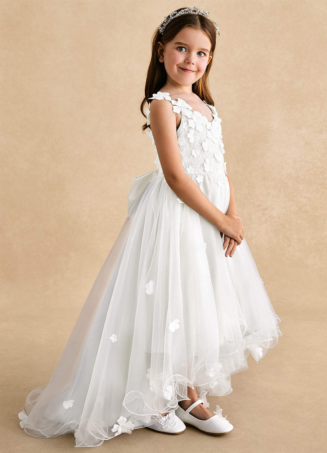 Azazie Celia Vestidos de florista Vestido Diamante Branco de Tule de Linha A com Renda image2