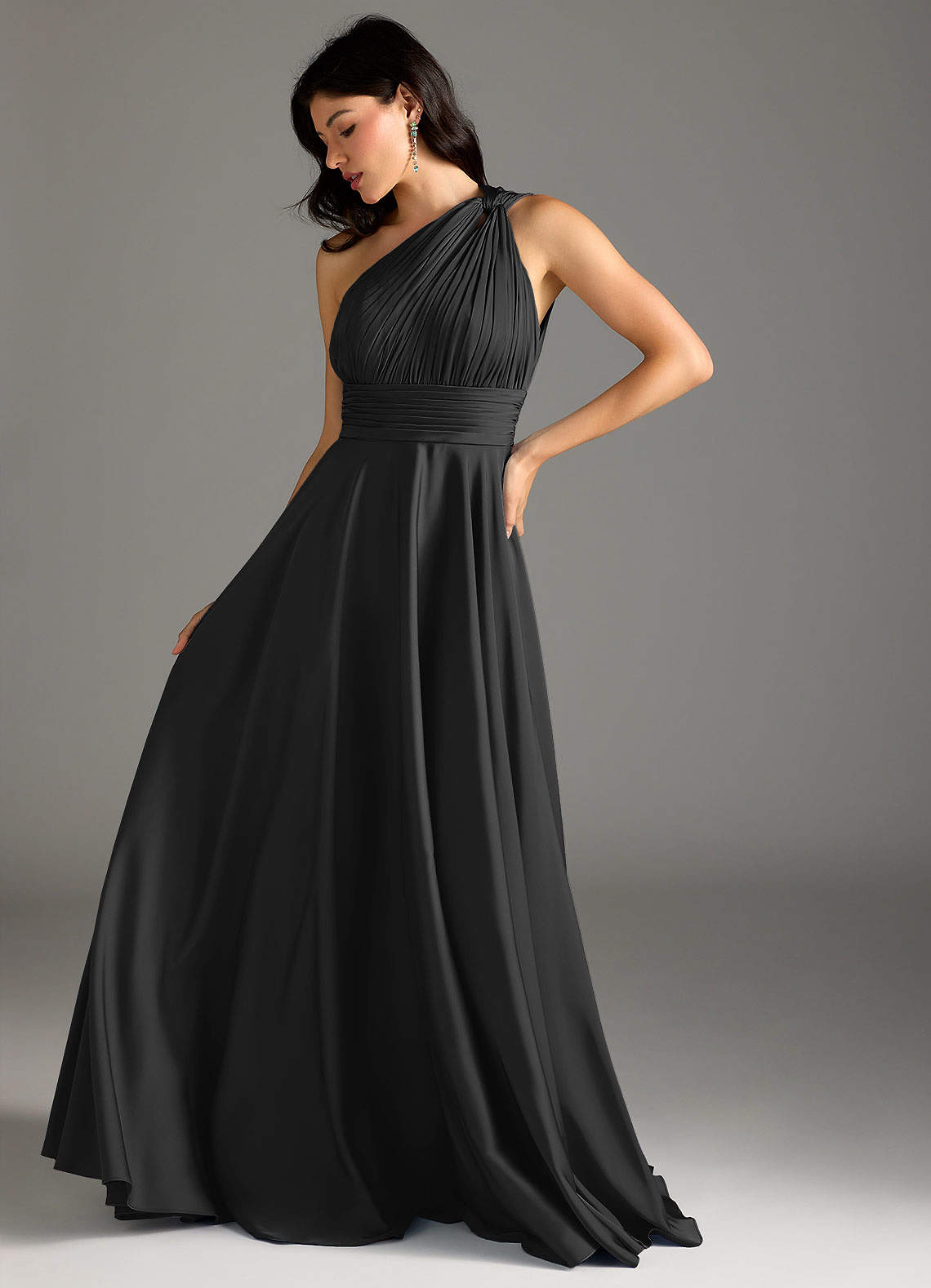 Azazie Charlize Bridesmaid Dresses Black A-Line One Shoulder Stretch Satin Dress image4