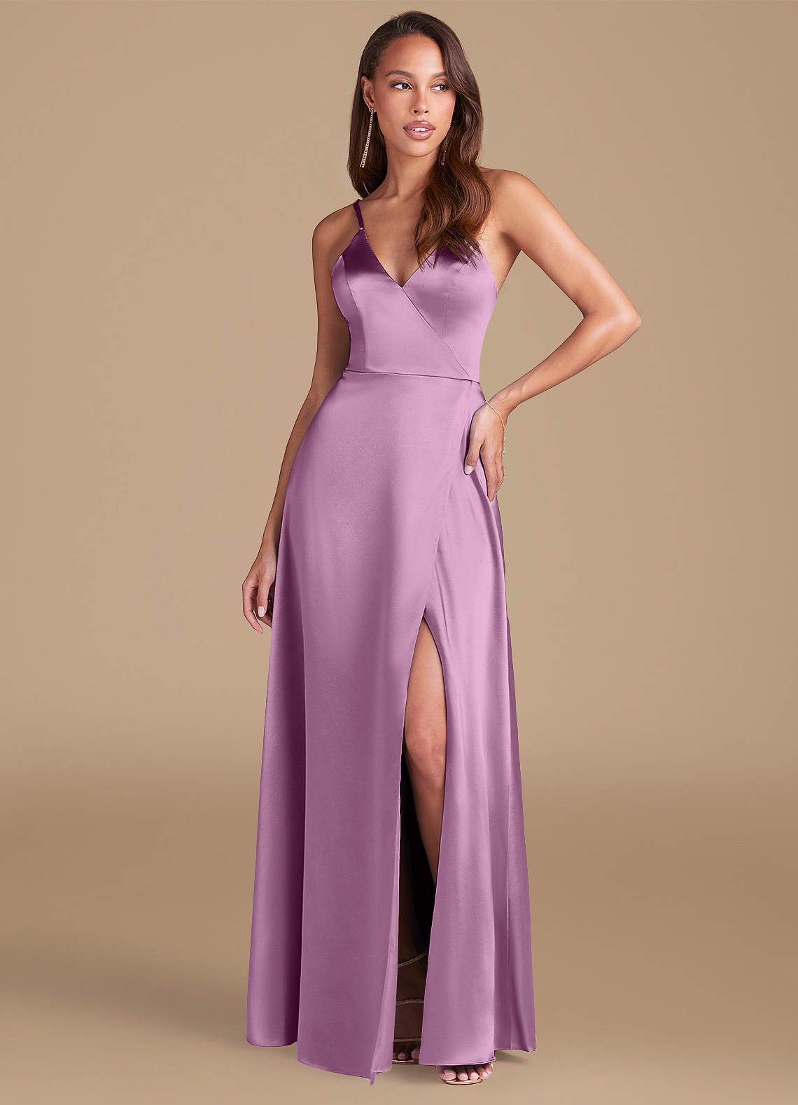 Azazie Maksim Bridesmaid Dresses Wisteria A-Line Metallic Satin Dress image1
