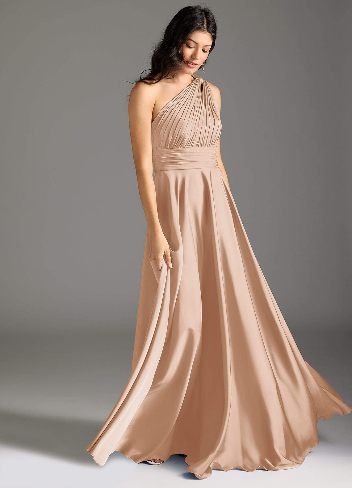 Azazie Charlize Bridesmaid Dresses English Rose A-Line One Shoulder Stretch Satin Dress image2