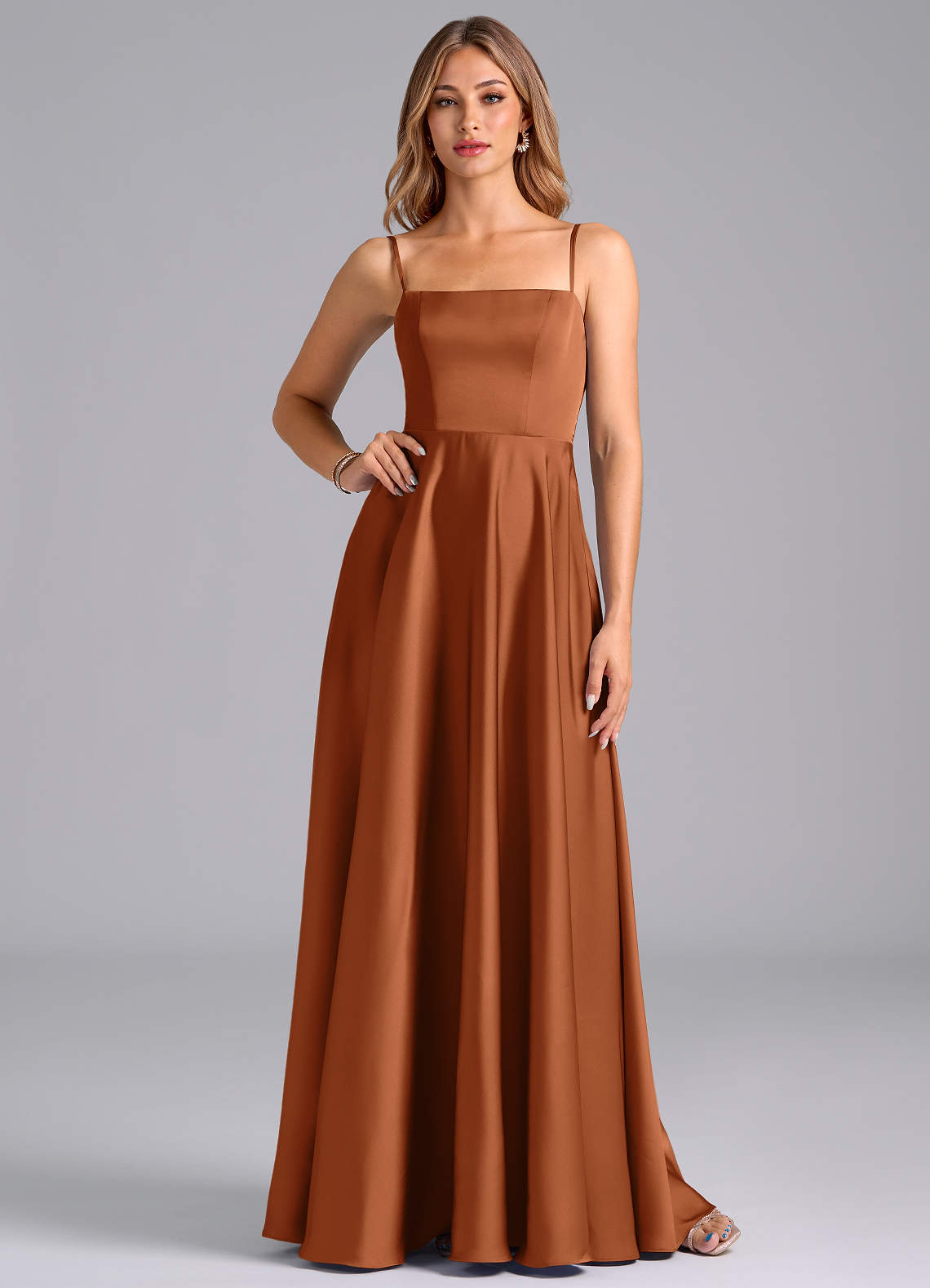 Azazie Elita Bridesmaid Dresses Copper A-Line Pleated Stretch Satin Dress image1