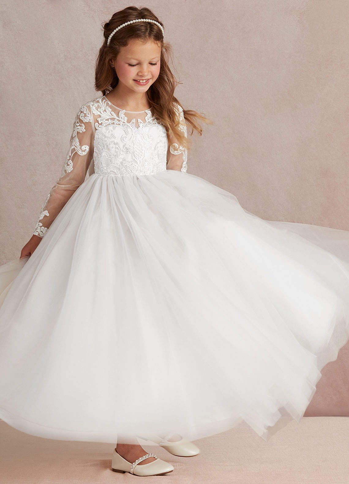 Azazie Elodie vestidos de niña de las flores Vestido de Marfil Blanco de Encaje de Corte Princesa image1