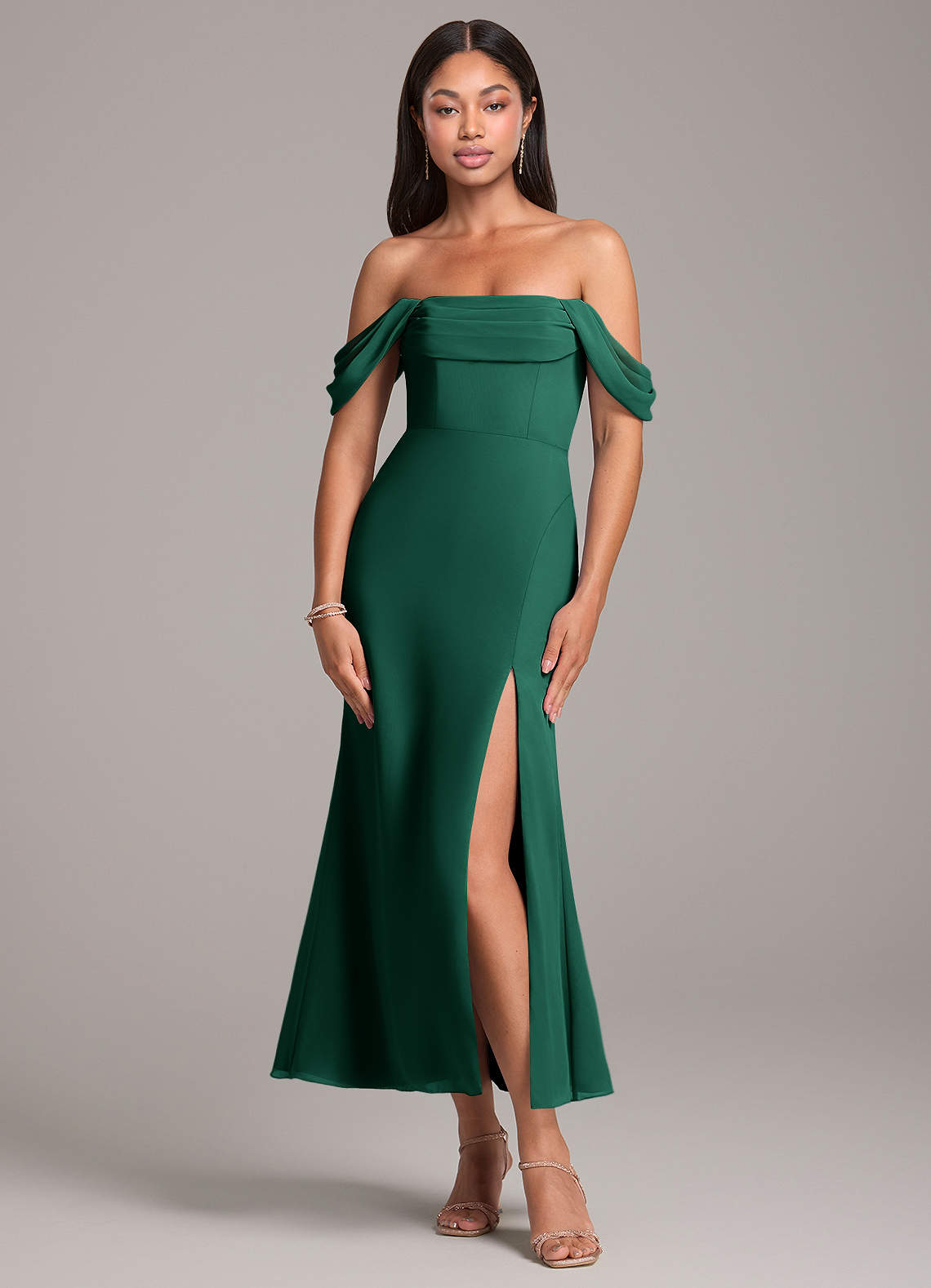 Azazie Saige Bridesmaid Dresses Emerald Sheath Off the Shoulder Chiffon Convertible Dress image1