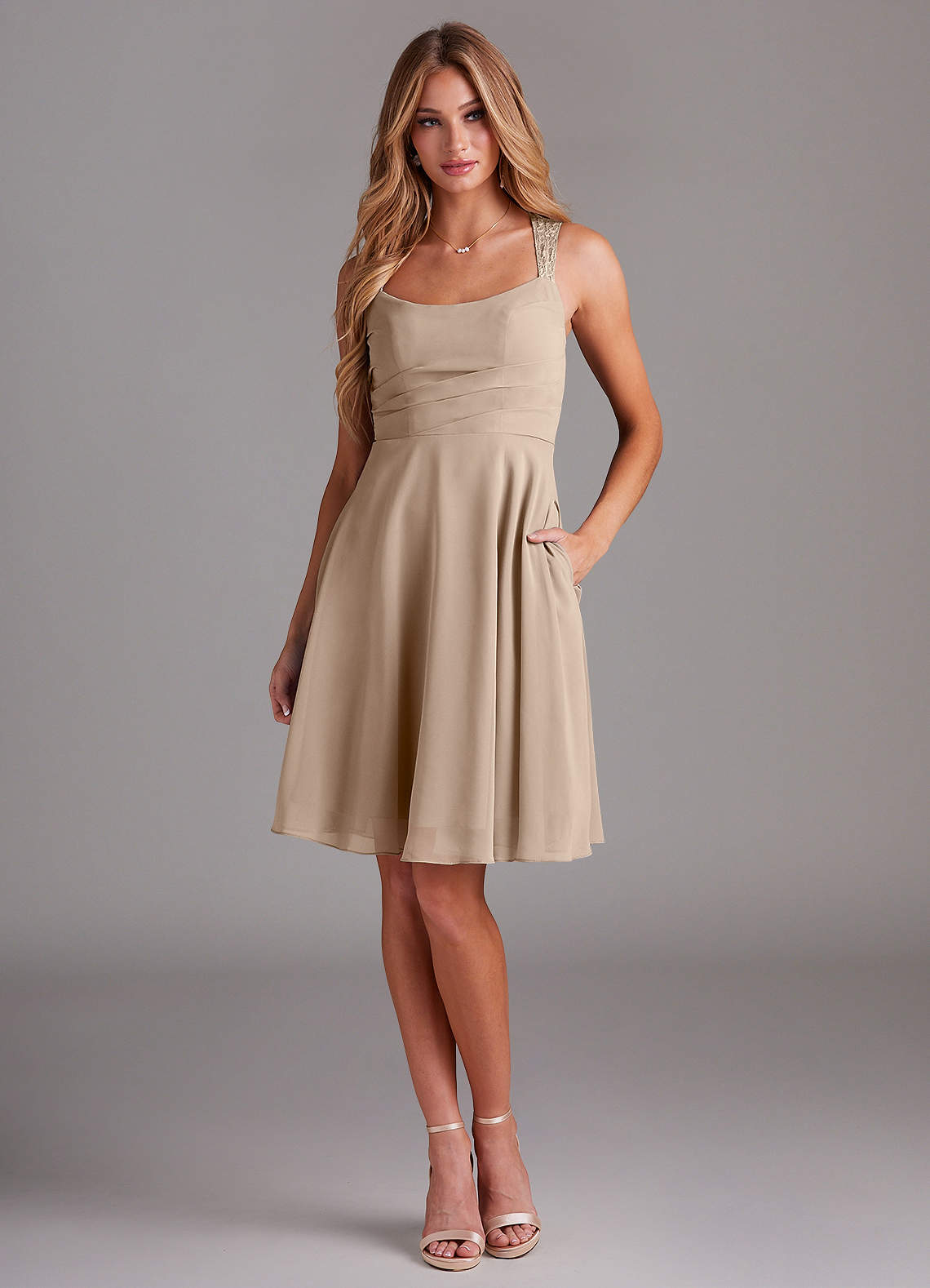 Azazie Vina Bridesmaid Dresses Taupe A-Line Lace Chiffon Dress image1
