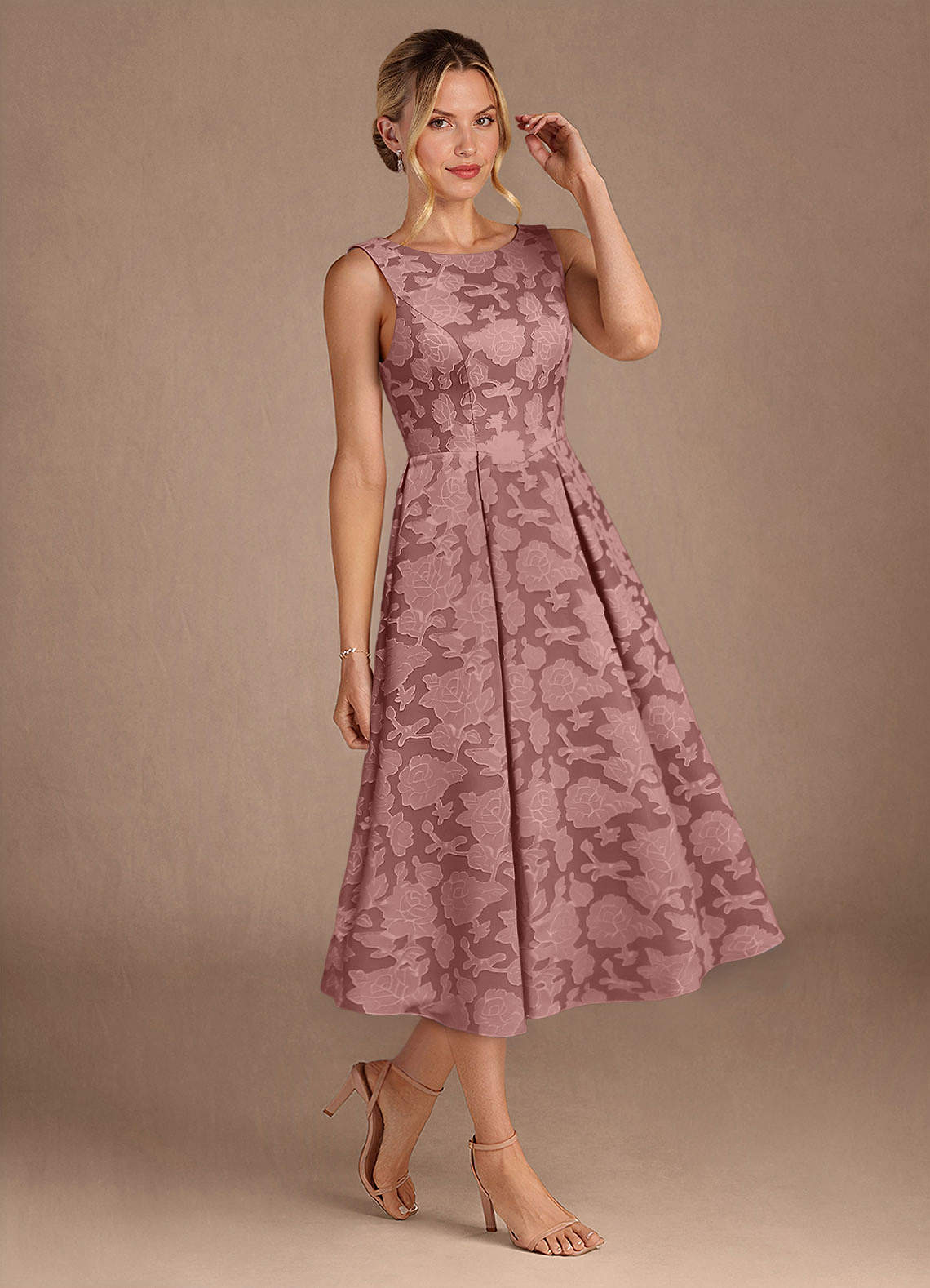 Azazie Fulton Mother of the Bride Dresses Dusty Rose A-Line Pleated Floral Burnout Dress image1