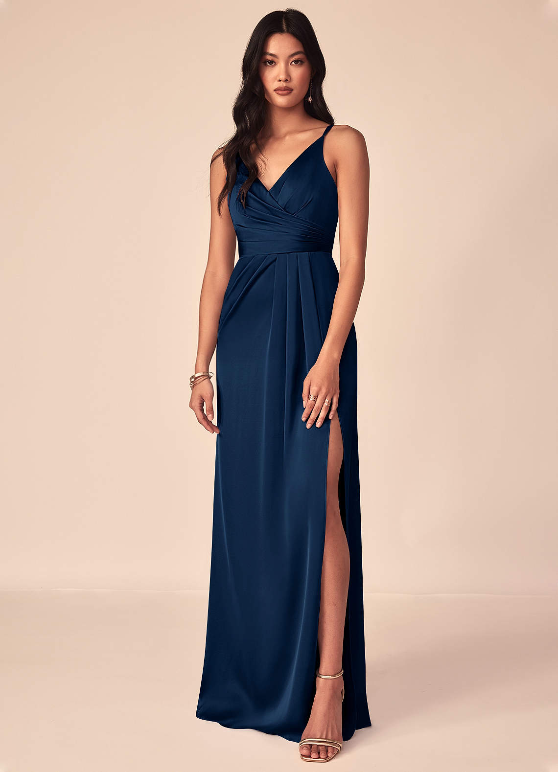 Azazie Aqua Bridesmaid Dresses Dark Navy A-Line V-Neck Pleated Stretch Satin Dress image1