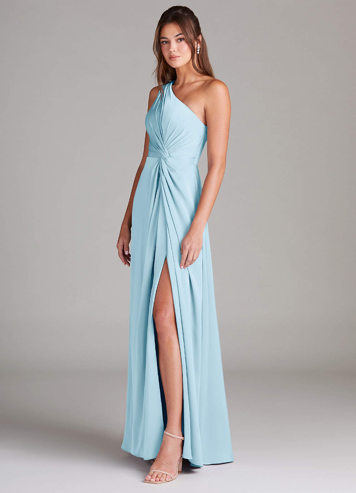 Azazie Brooke Bridesmaid Dresses Sky Blue A-Line One Shoulder Stretch Satin Dress image4