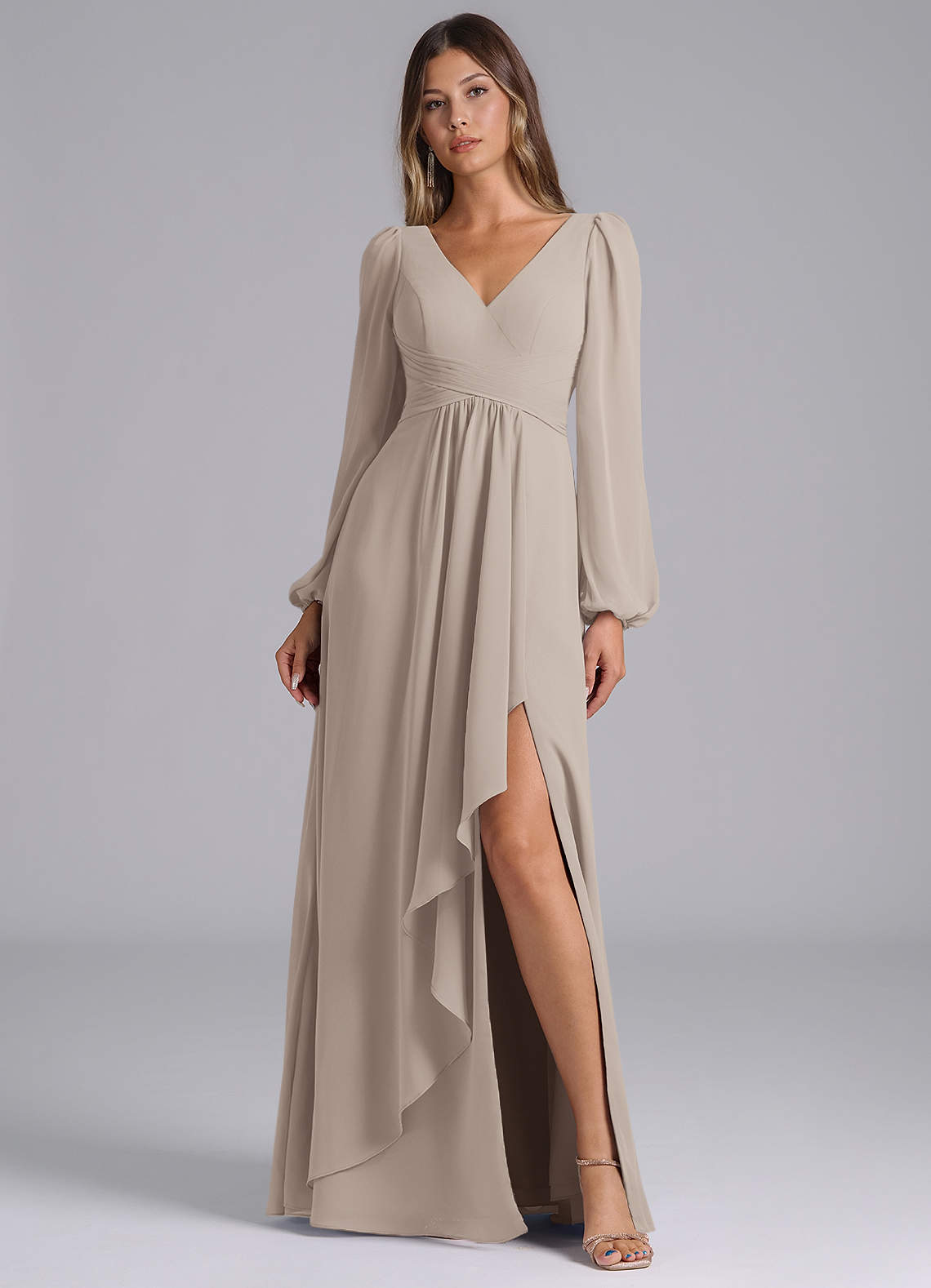 Azazie Omari Bridesmaid Dresses Frost A-Line Long Sleeve Chiffon Dress image1