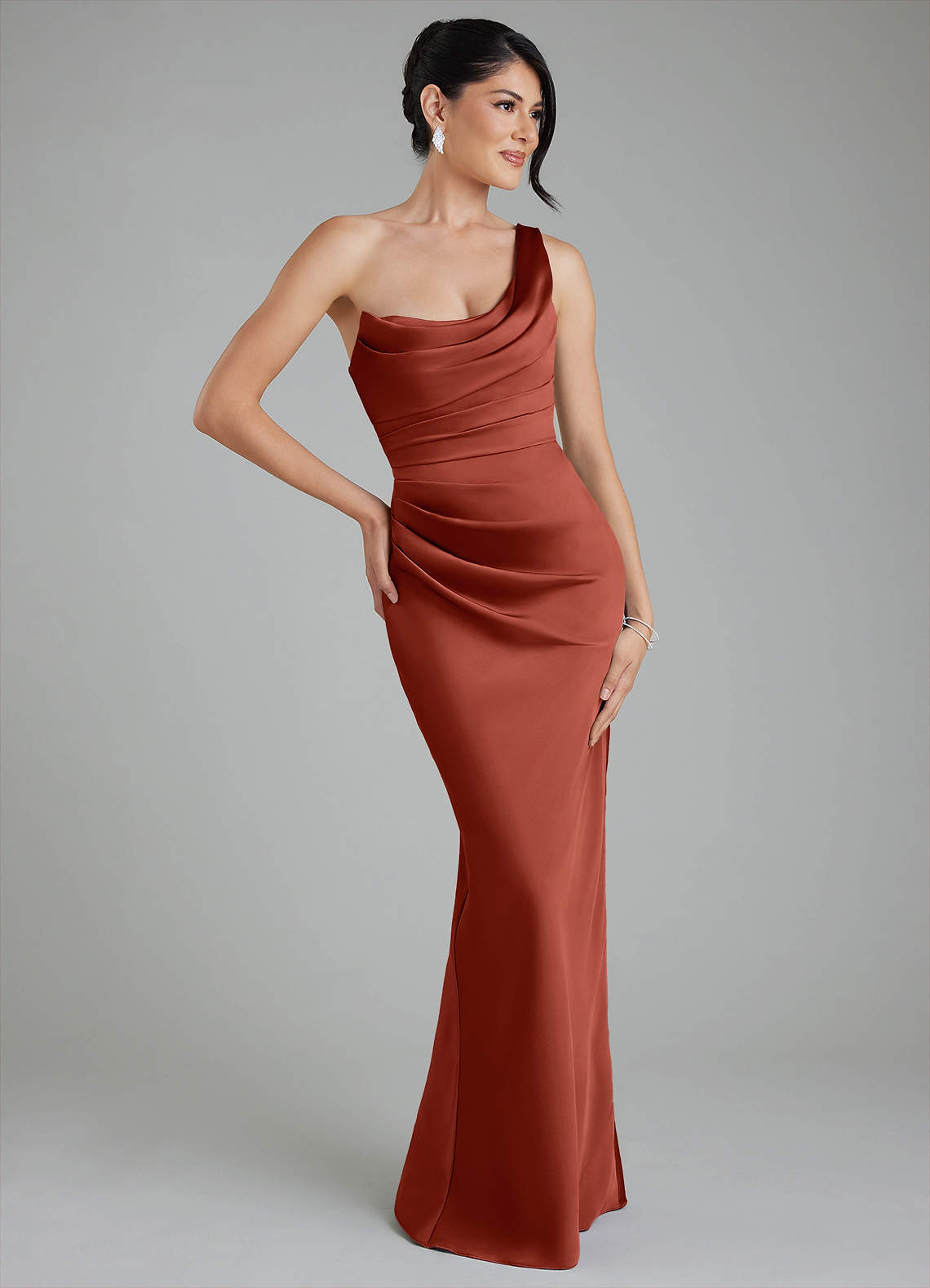 azazie terracotta bridesmaid dresses Azazie Sabrina Terracotta Stretch Satin Bridesmaid Dresses
