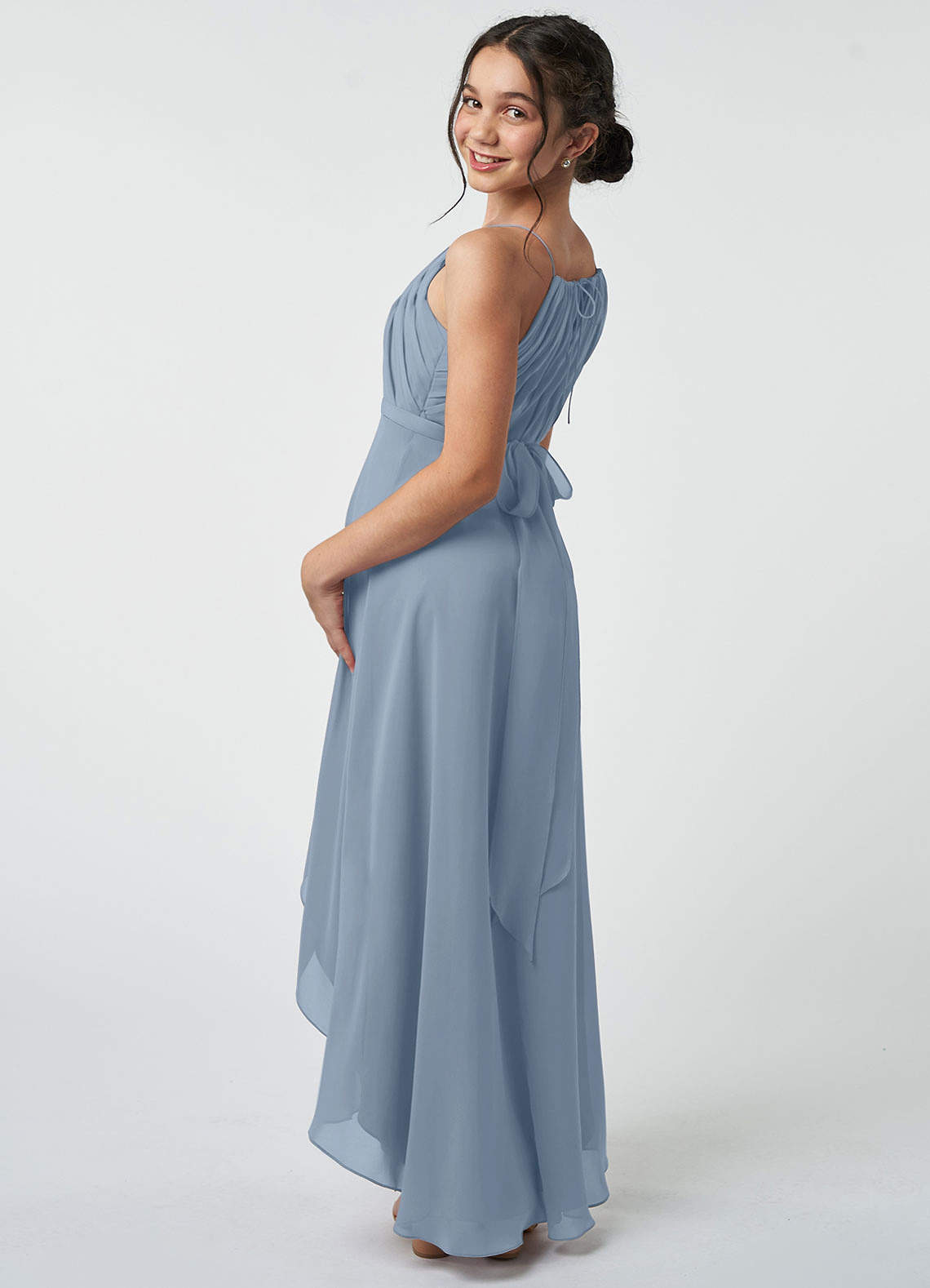 Azazie Oaklynn Junior Dusty Blue A-Line Pleated Chiffon Dress image4