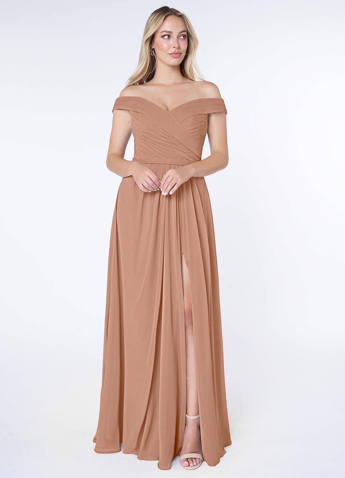 Azazie Audrianna Bridesmaid Dresses Champagne Rose A-Line Off-The-Shoulder Gathered Chiffon Convertible Dress image1