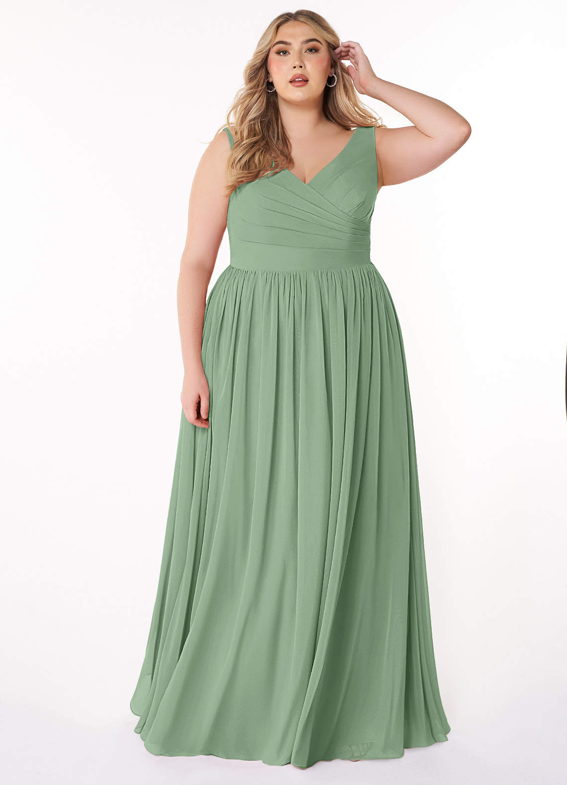 Azazie Keyla Bridesmaid Dresses Matcha A-Line V-Neck Pleated Chiffon Dress image1