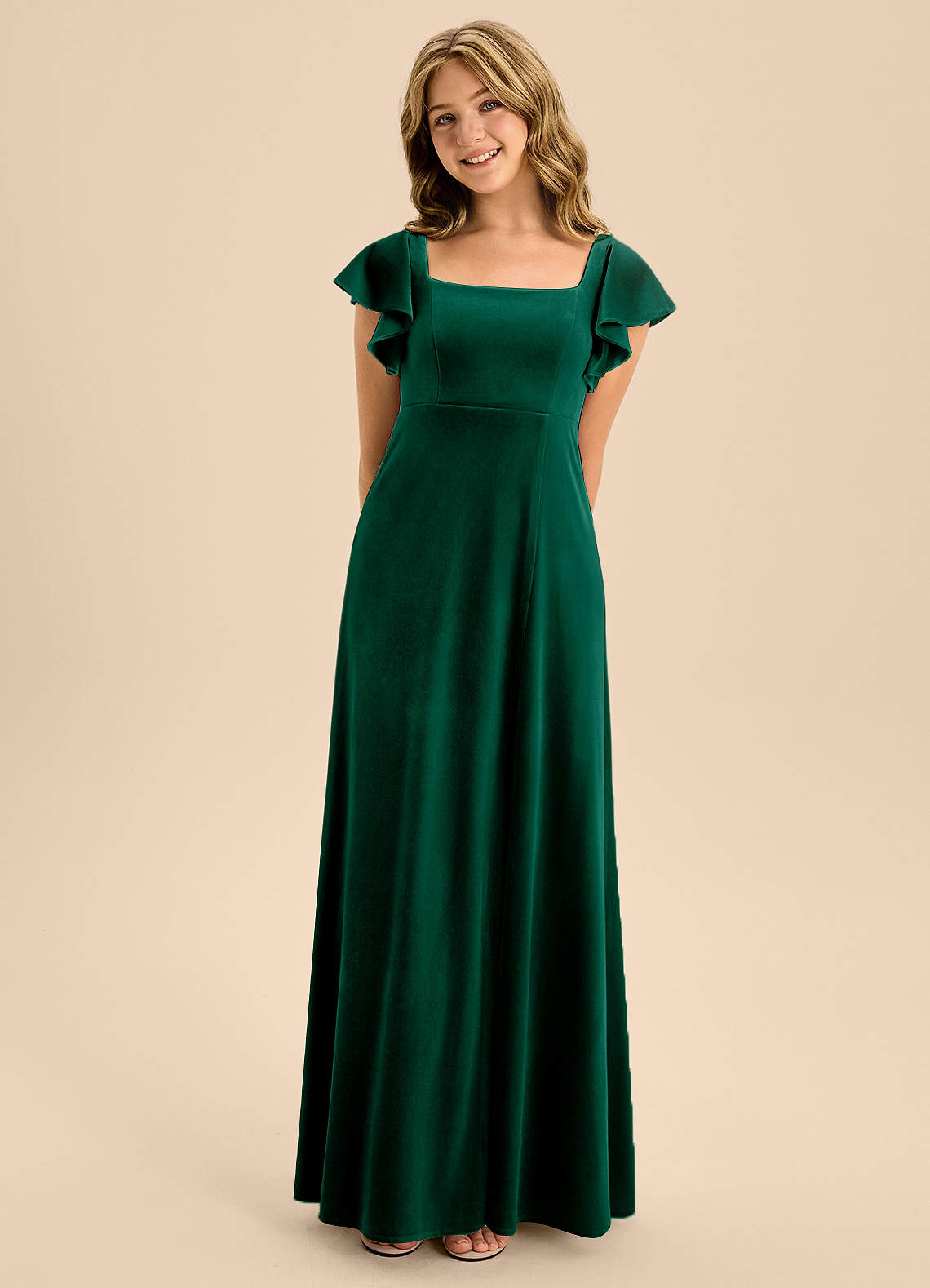 Azazie Bondi Junior Emerald A-Line Bow Velvet Dress image1