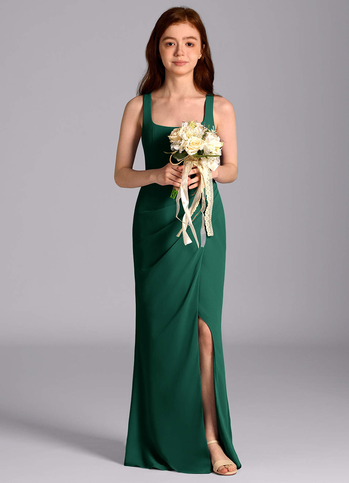 Azazie Mermaid Square Neck Floor-Length Chiffon Junior Bridesmaid Dresses - Emerald