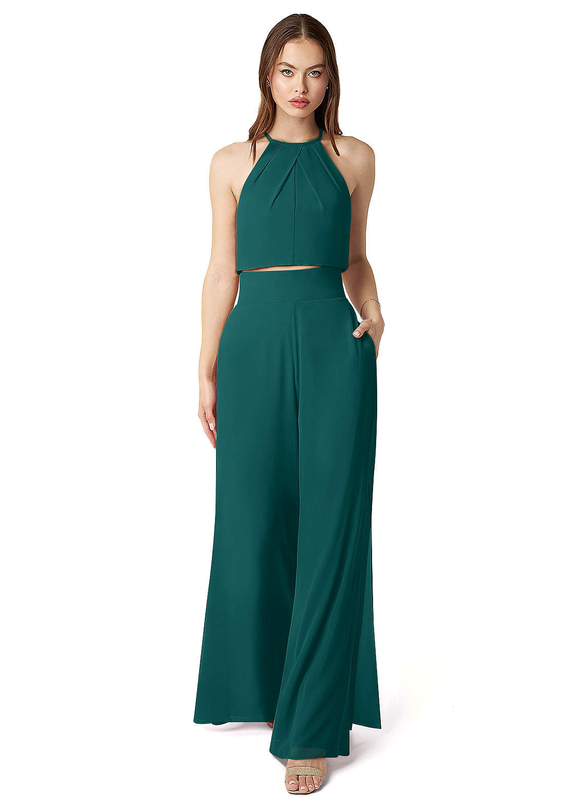 Azazie Kenzi Bridesmaid Dresses Peacock Pleated Chiffon Jumpsuit image1