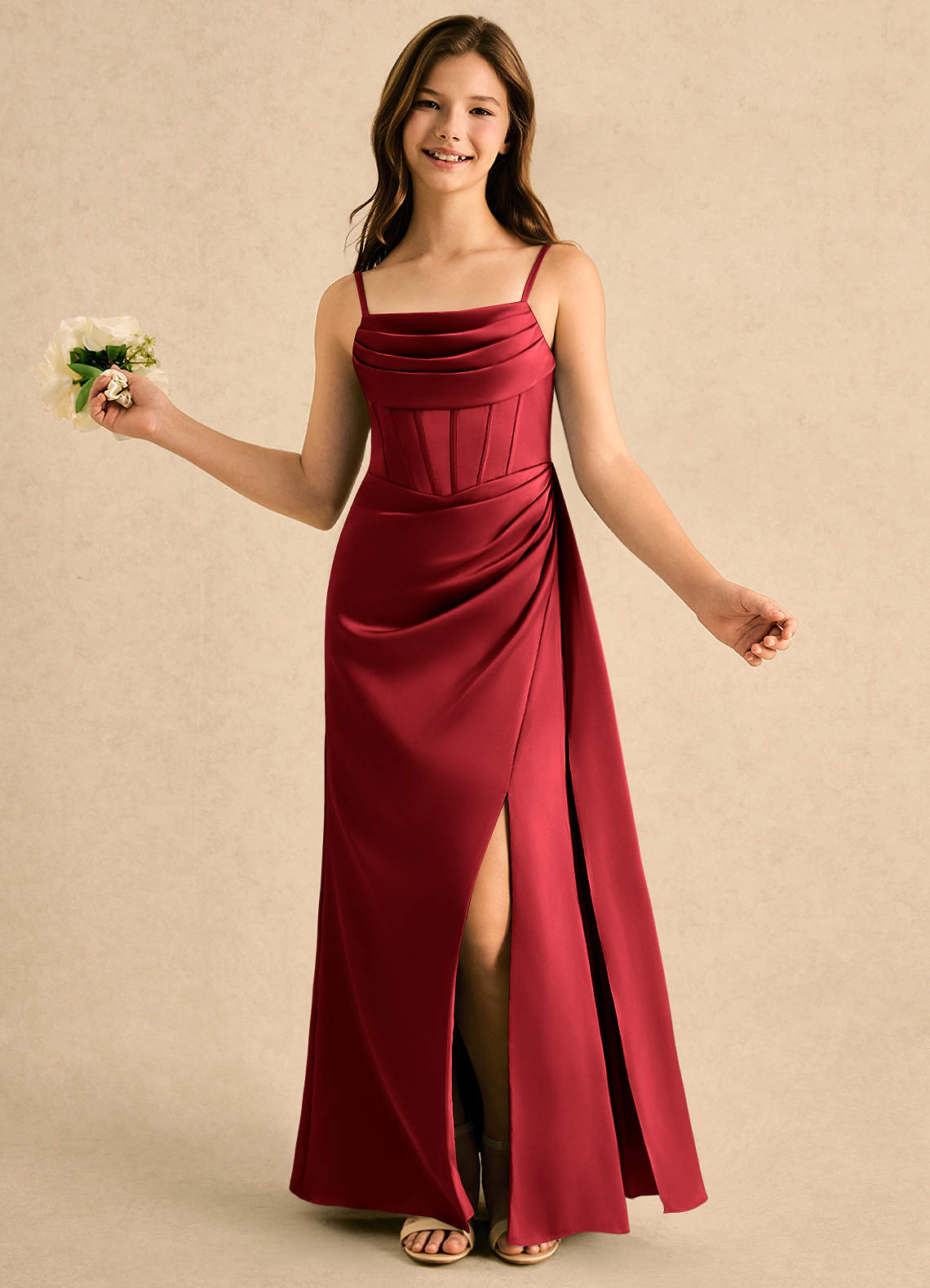 Azazie A-Line/Princess Cowl Neck Floor-Length Stretch Satin Girl Formal Dresses