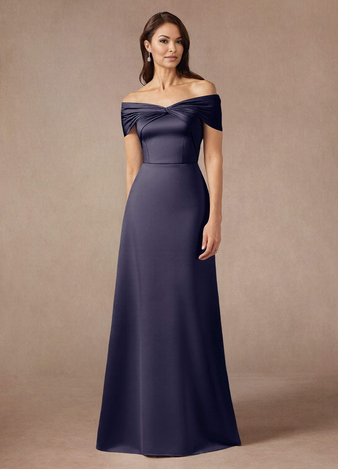 Azazie Amelia Mother of the Bride Dresses Stormy A-Line Off the Shoulder Stretch Satin Dress image1