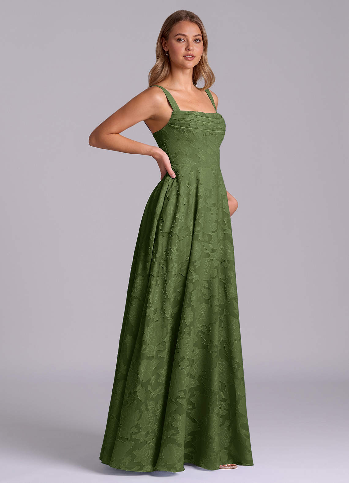 Azazie Shaude Bridesmaid Dresses Olive A-Line Pleated Floral Burnout Dress image6