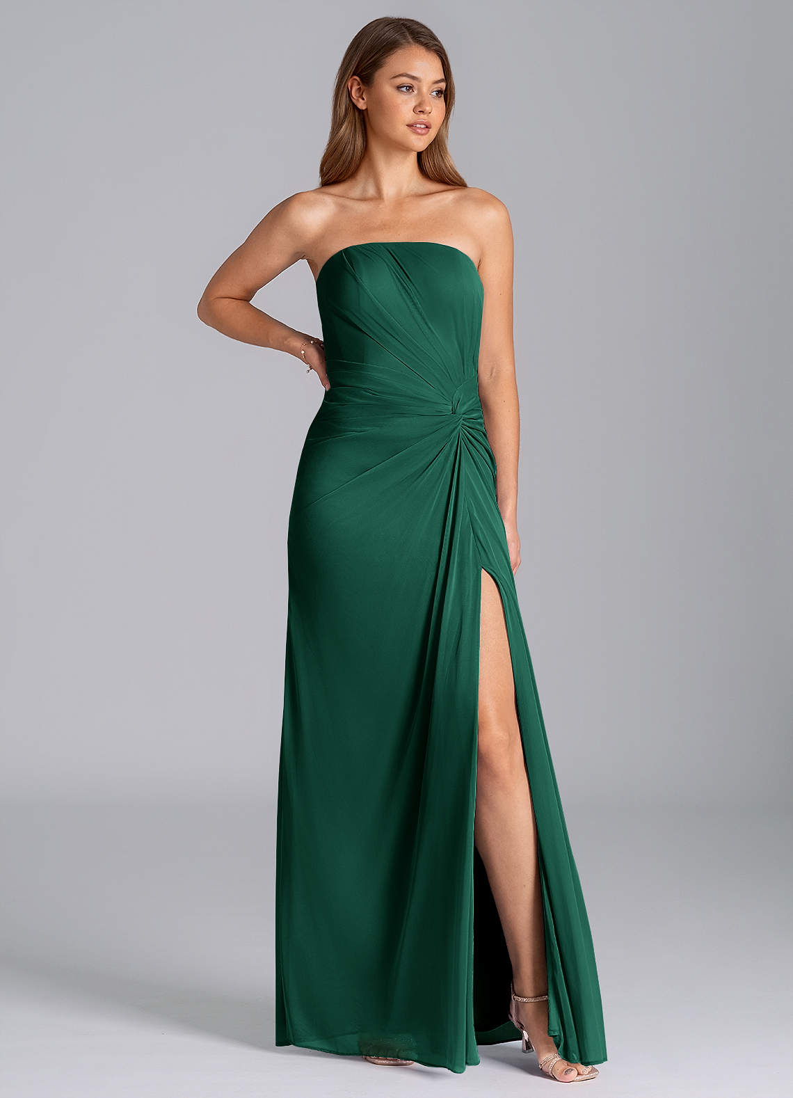 Azazie Mariya Bridesmaid Dresses Emerald Mermaid Strapless Mesh Dress image1