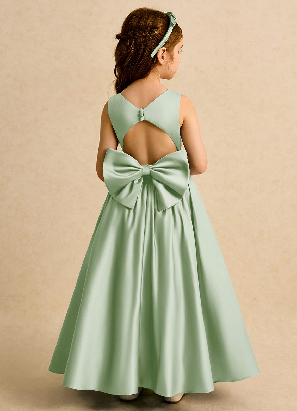 Azazie Nellia Flower Girl Dresses Dusty Sage A-Line Bow Matte Satin Dress image1