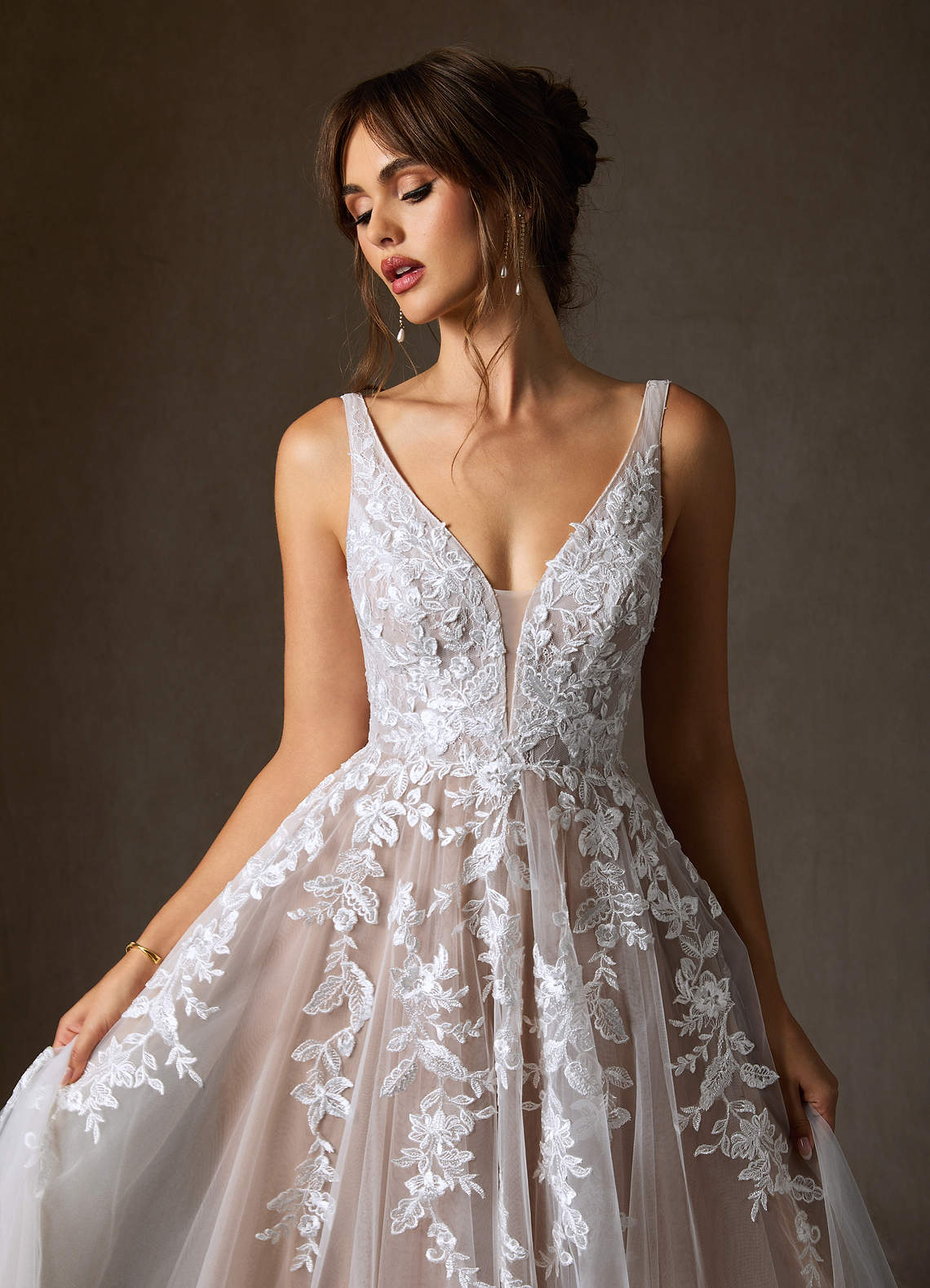 Azazie Sorella Wedding Dresses Diamond White Caramel A-Line V-Neck Sequins Tulle Dress image4
