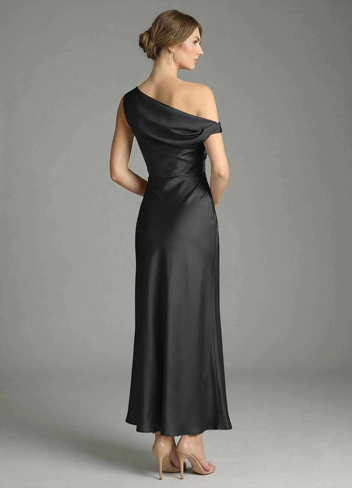 Azazie Emerson At-home Try On Dresses Black Mermaid Off the Shoulder Stretch Satin Dress image5