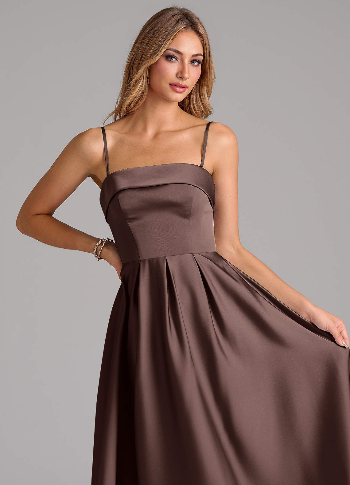 Azazie Lucienne At-home Try On Dresses Black A-Line Strapless Stretch Satin Convertible Dress image1