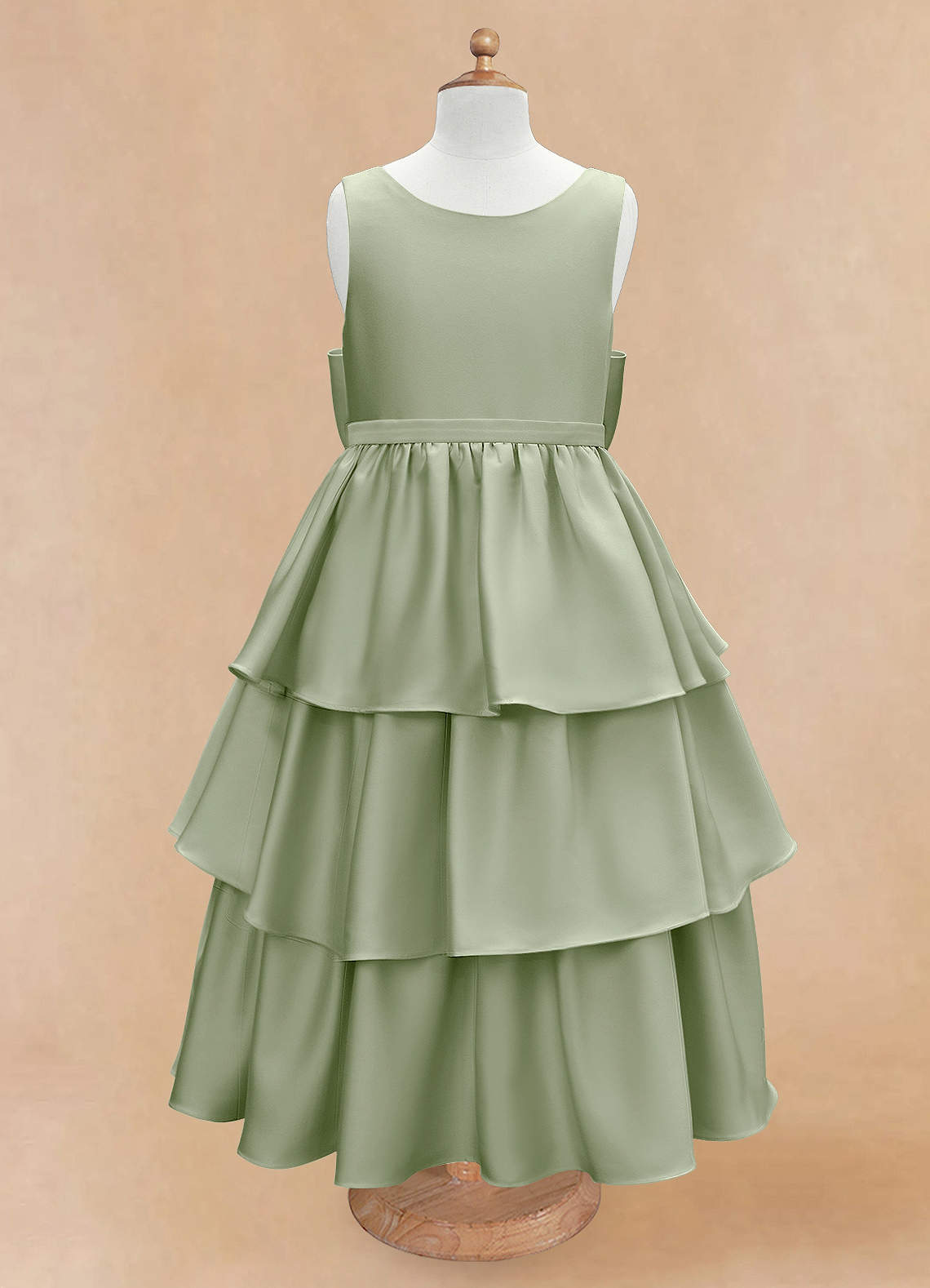 Azazie Margie Flower Girl Dresses Dusty Sage A-Line Bow Stretch Satin Dress image3