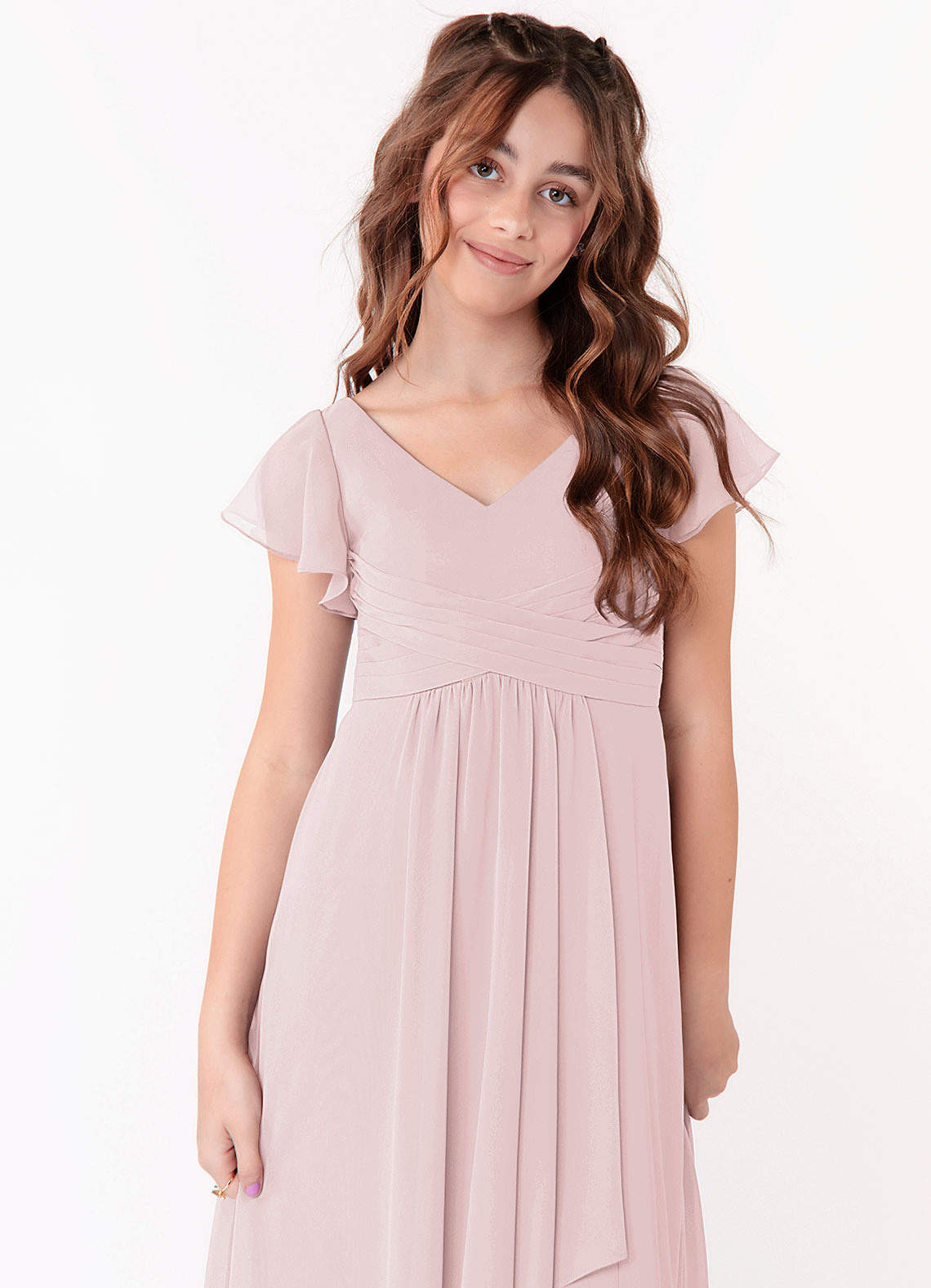 Azazie Omari Junior Blushing Pink A-Line Ruched Chiffon Dress image3