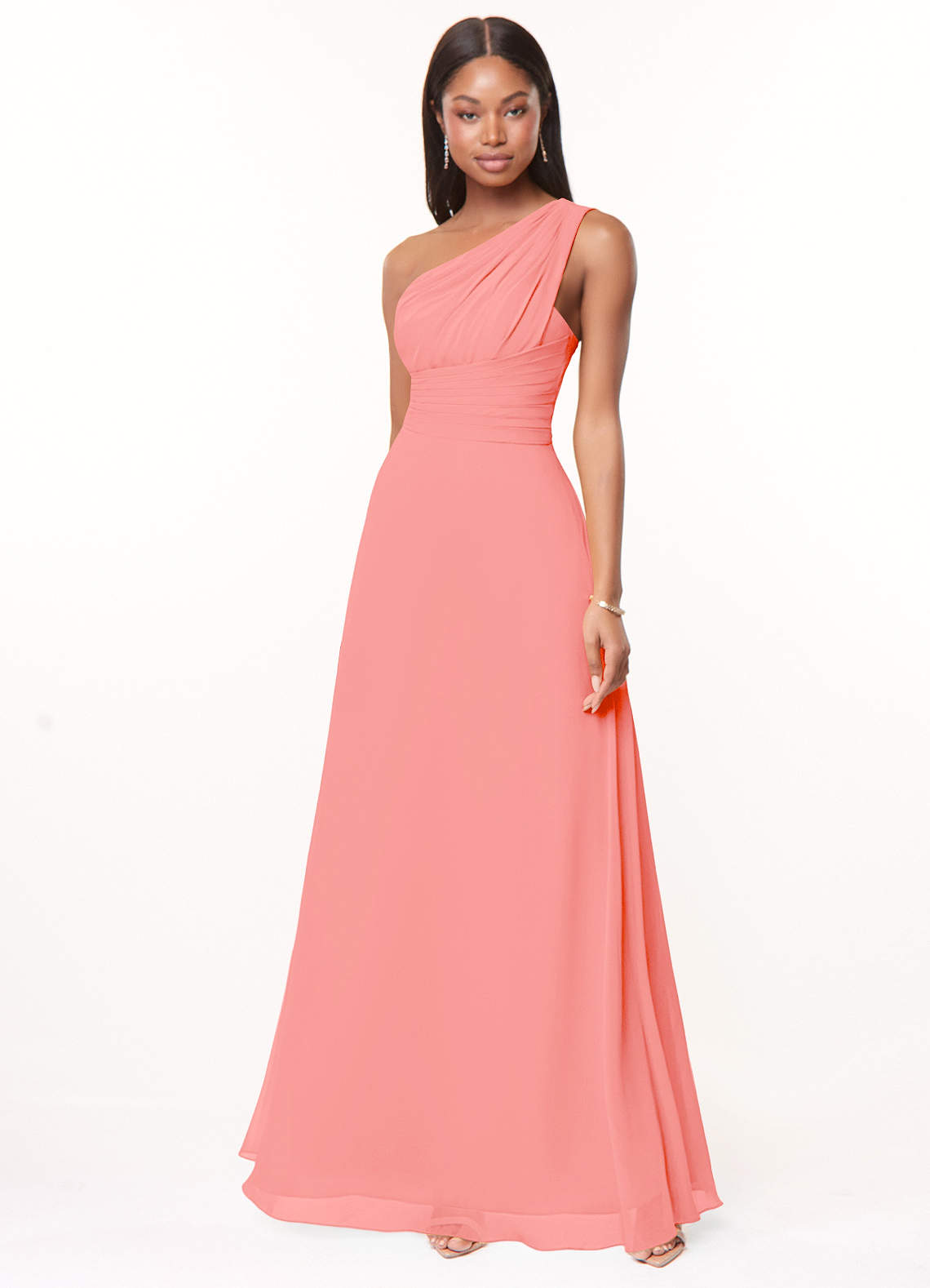 Azazie Ashley Bridesmaid Dresses Coral A-Line Ruched Chiffon Dress image1