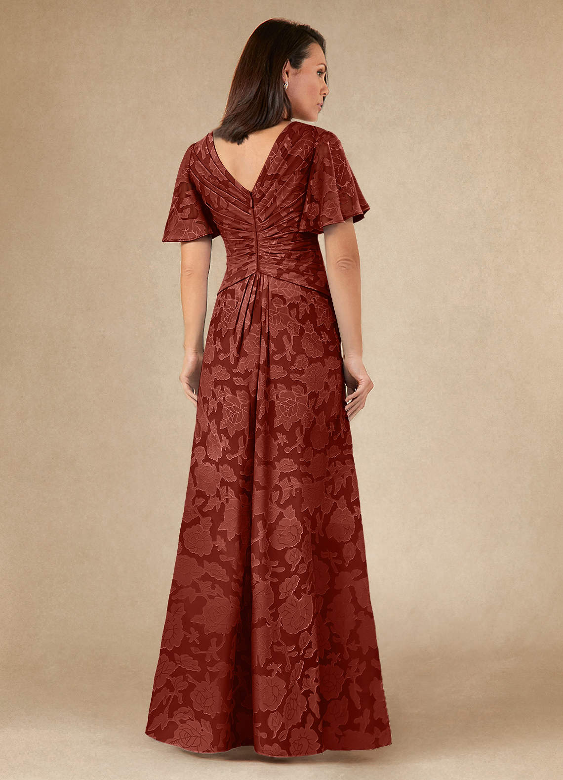 Azazie Emmeline Mother of the Bride Dresses Terracotta A-Line Pleated Floral Burnout Dress image4