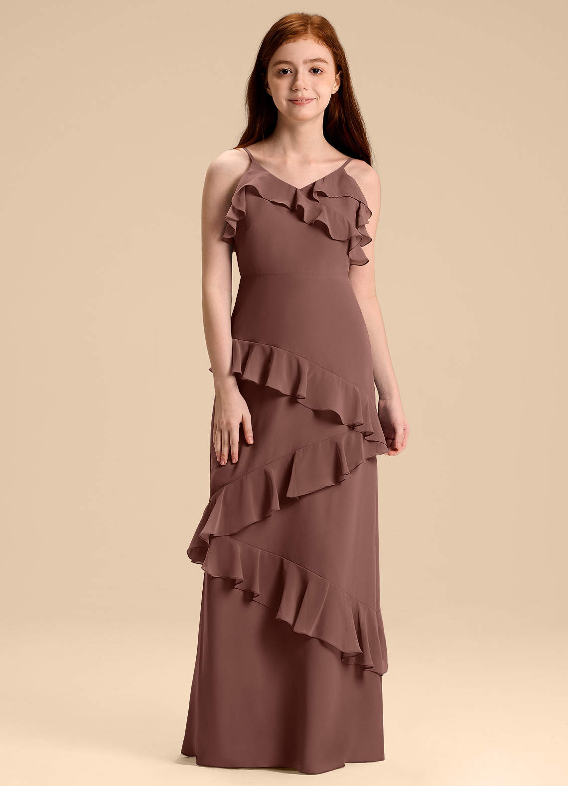 Azazie Evara Junior Robe Trapèze en Mousseline de soie Expresso image2