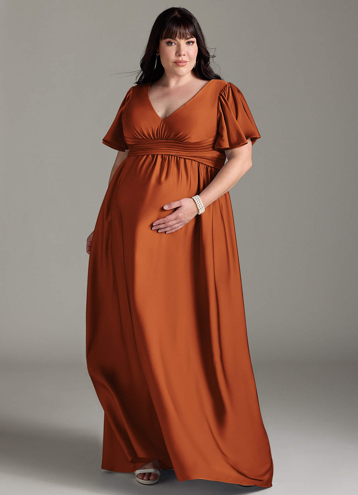 Azazie Verna Maternity Bridesmaid Dresses A-Line Ruched Stretch Satin Floor-Length Dress image1
